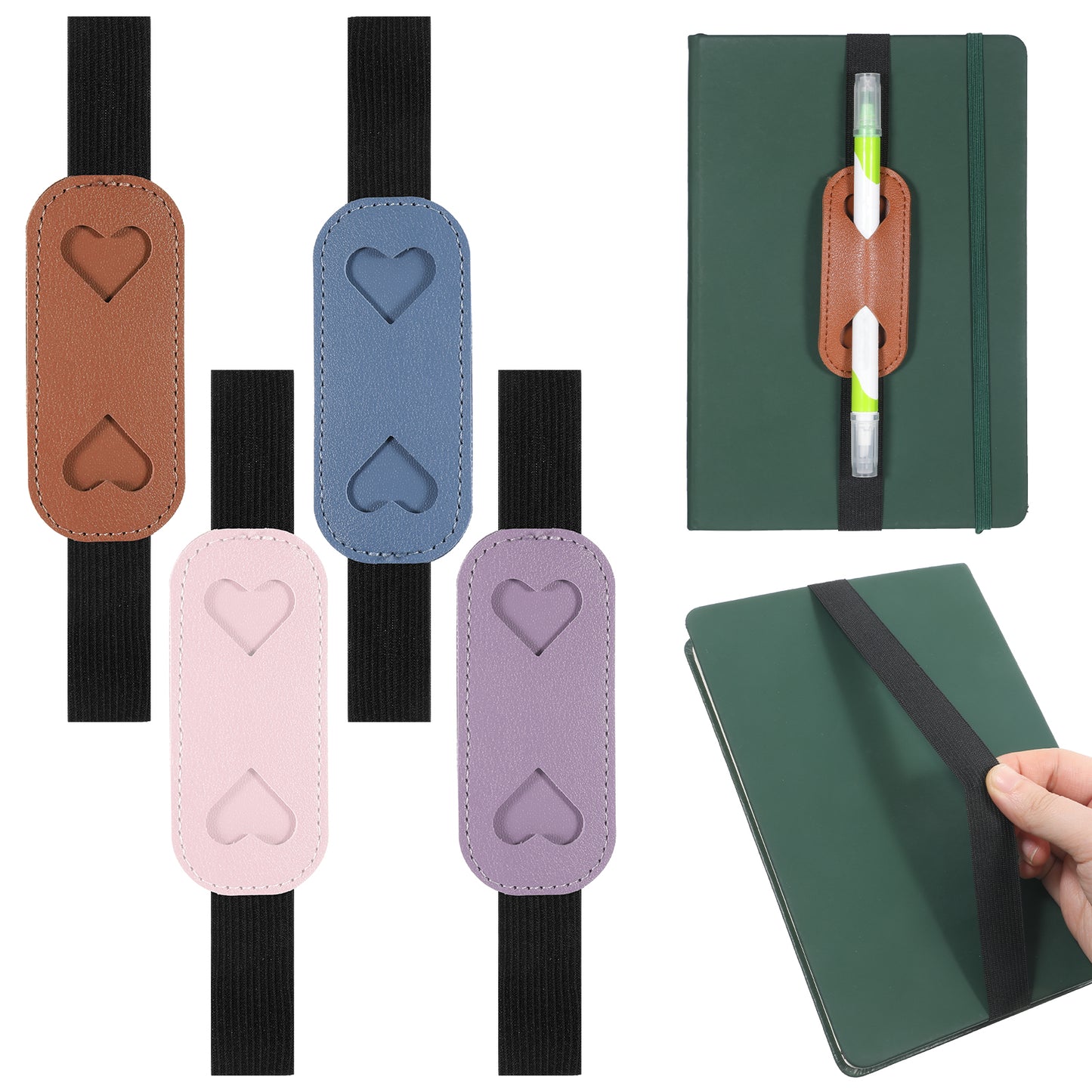 Axafazup 4 PCS Pen Loop Holder for Notebook, Adjustable Elastic Band Pen Holder for Journal, Planner, Binder, Book, PU Leather Heart Design, Fits 8-11 Inch