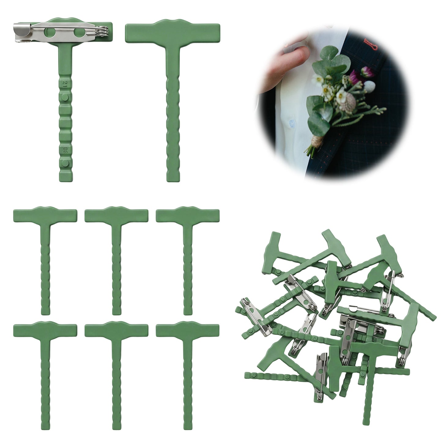 20 PCS T-Shaped Boutonniere Pins for Men, Plastic Corsage Pins Kit, Boutonniere Clip Corsage Supplies for Men Bridegroom Wedding Accessory, Green