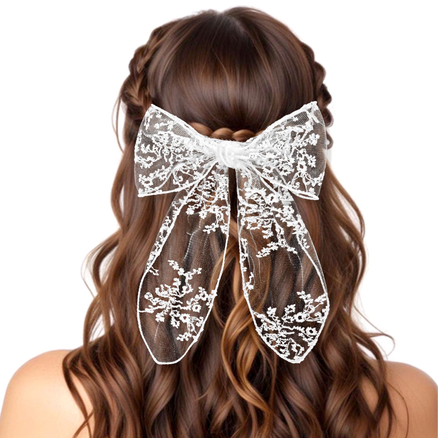 1 PCS Lace White Hair Bow, White Bow for Hair Clips, Lace Tulle Hair Bows with Long Tail, Cute Lace Hair Bow Hair Bowknot for Women and Girls
