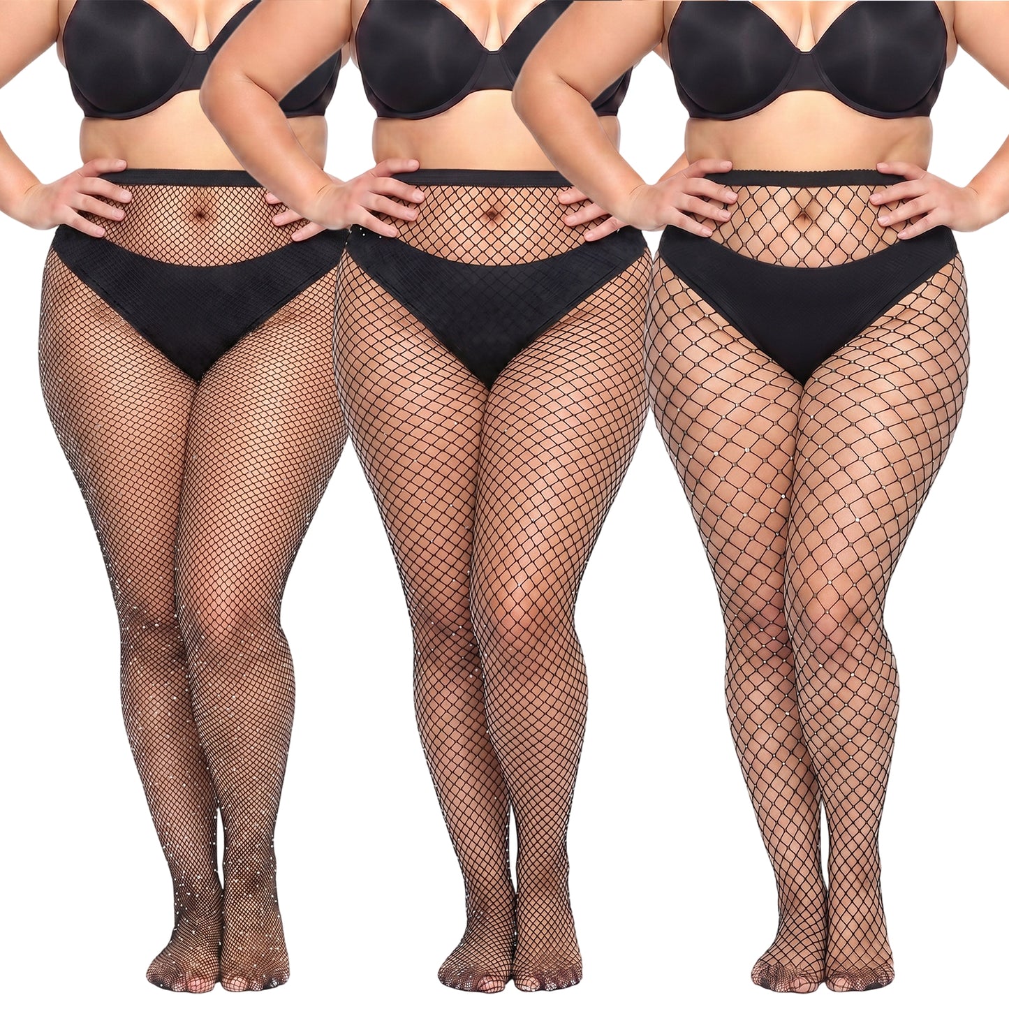 Abeillo 3 Pairs Fishnet Stockings for Women, Rhinestone Sparkly Large/Medium/Small Mesh Fishnets Festival Outfits Accessories(Black,Black)