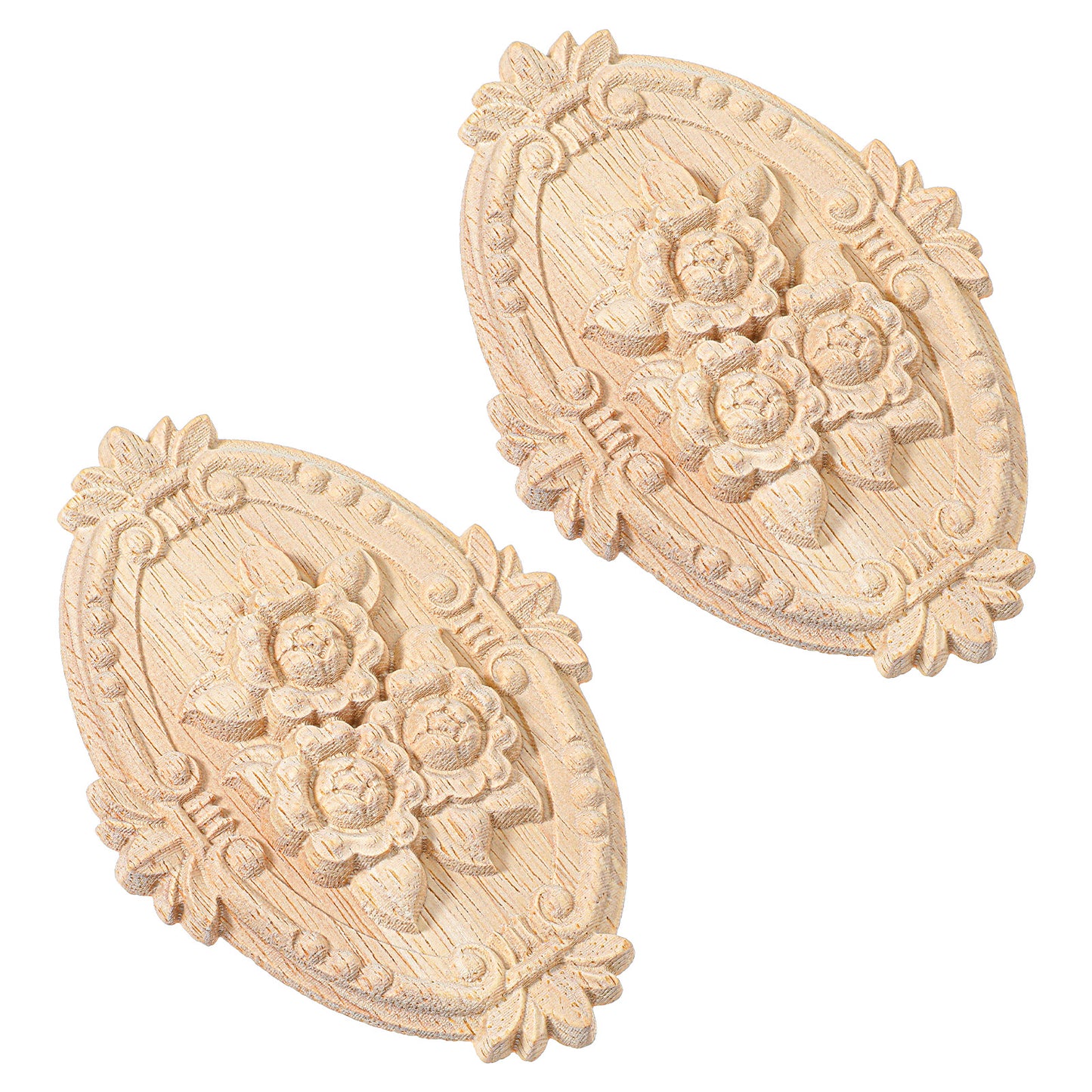 2PCS Wooden Carved Onlay Appliques, Center Rose Wood Appliques, Unpainted Oval Carving Applique for Furniture Home Decoration, Wood Carving Decal for Dresser, Bed, Door, Cabinet, Wardrobe (5x3.5 Inch)