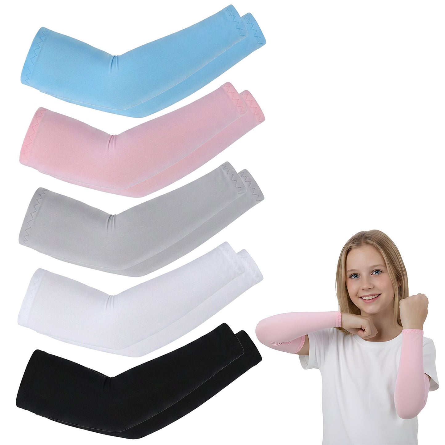 Abeillo 5 Pairs Arm Sleeves for Kids, UV Sun Protection Sleeves Cooling Compression Arm Sleeve for Volleyball Basketball Baseball Youth Boy Girl Sports