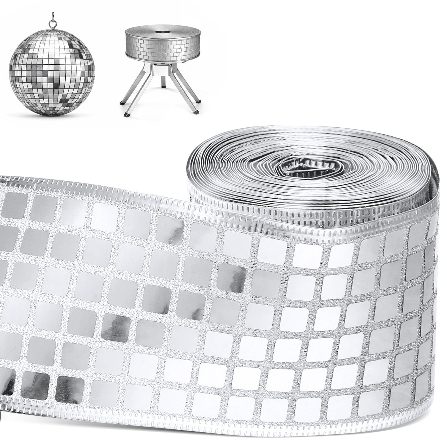 10 Yards Silver Ribbon, Disco Silver Glitter Ribbon Sparkly Metallic Square Sequin Sewing Trim for Gift Wrapping DIY Crafts Wreath Party Christmas Tree Decor