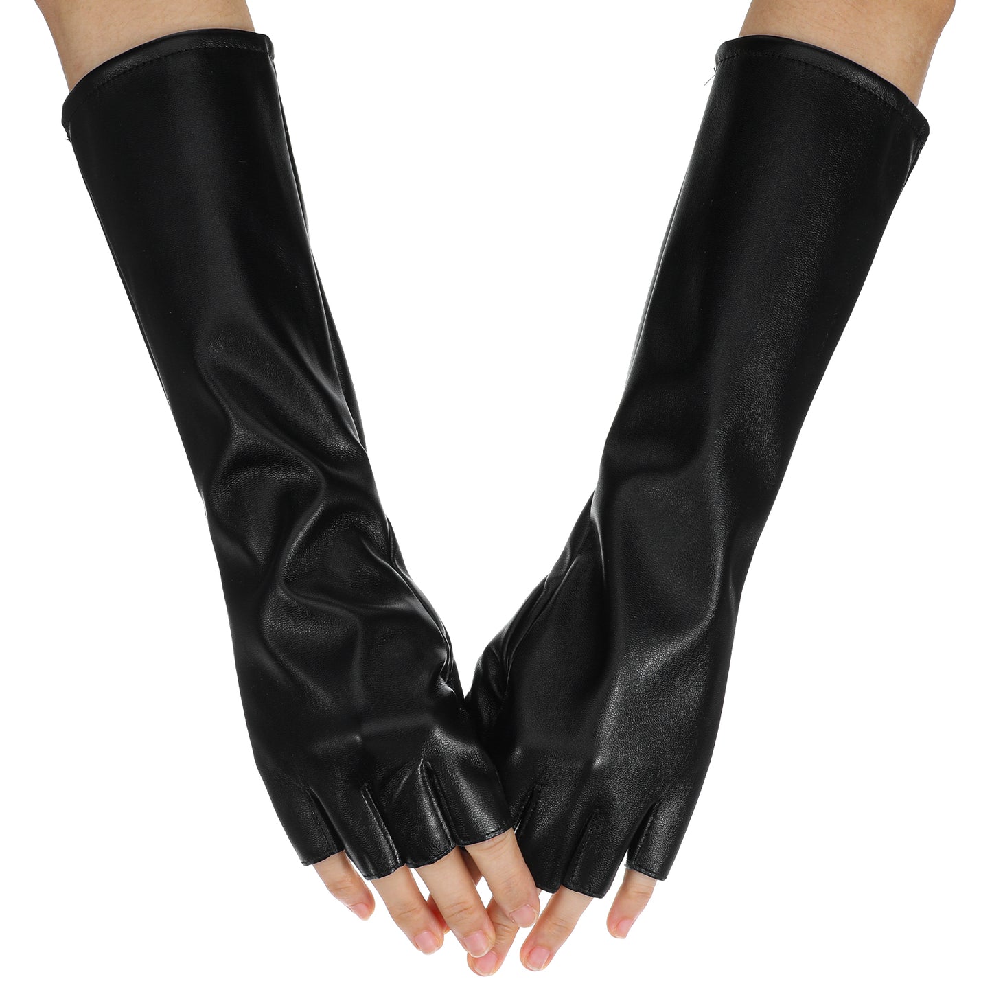 1 Pair Long Fingerless Gloves, PU Black Leather Gloves, Fingerless Black Arm Warmers for Halloween Costume Cosplay Dress Up