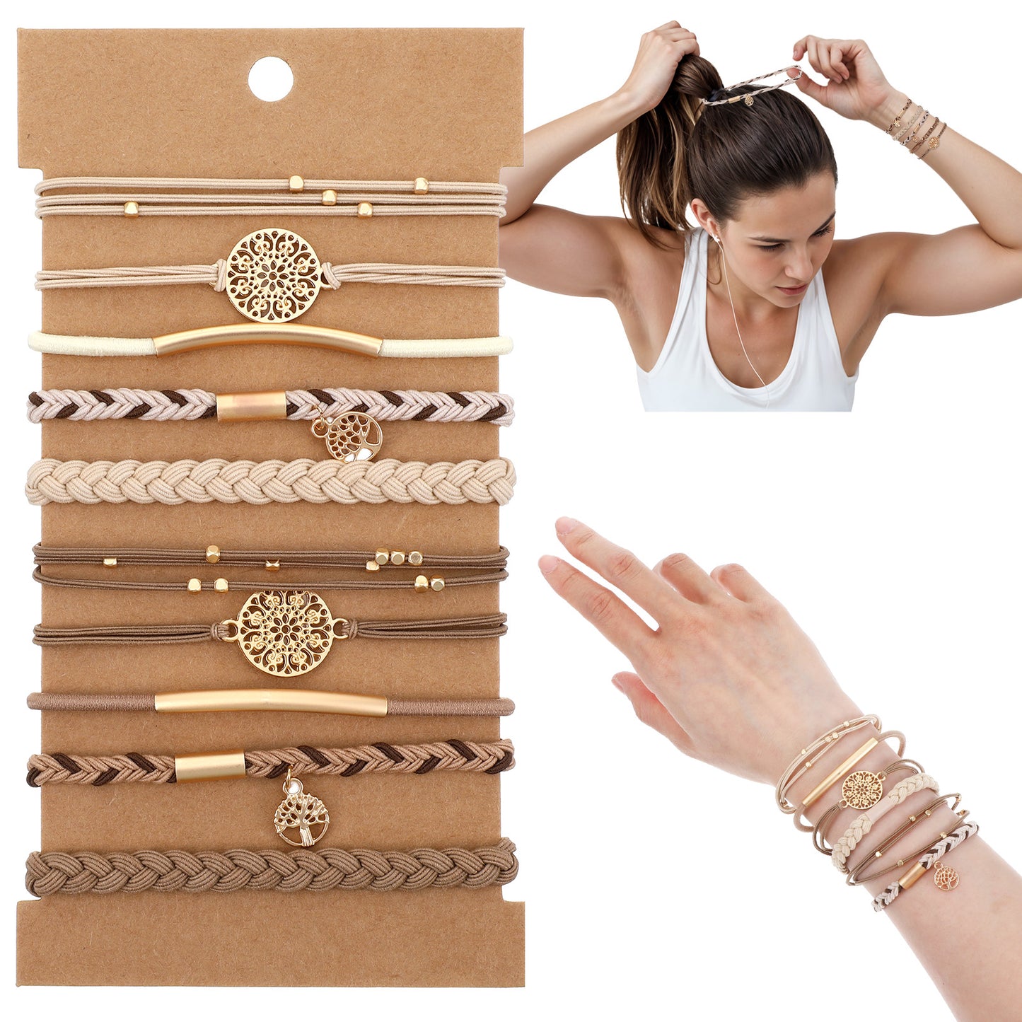 10 Pack Boho Hair Ties Bracelet for Women Elastic Hair Ties No Damage Soft Braided Bands for Girls Thick Thin Hairstyle Accessories, White + Brown