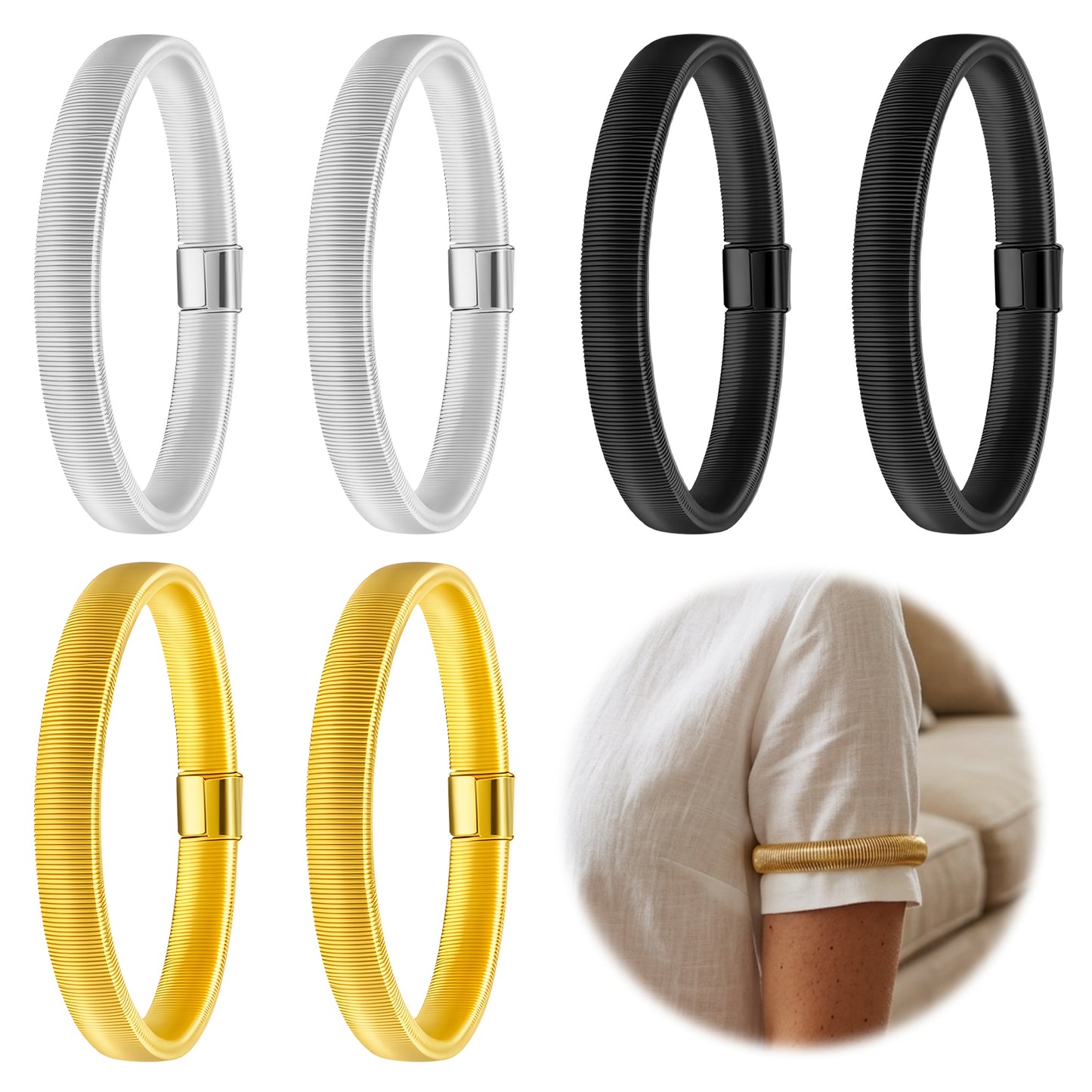 Kynigo Sleeve Garters, Shirt Sleeve Holders, Adjustable Elastic Arm Bands, Metal Anti-Slip Armband, For Men And Women, Black Silver Gold