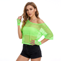 Apojgitn 80s Neon Shirts for Women, Fishnet Neon Off Shoulder T-Shirt with Fishnet Gloves Women Casual Sexy 80s Costumes Suitable for Masquerade Disco Party (Green)