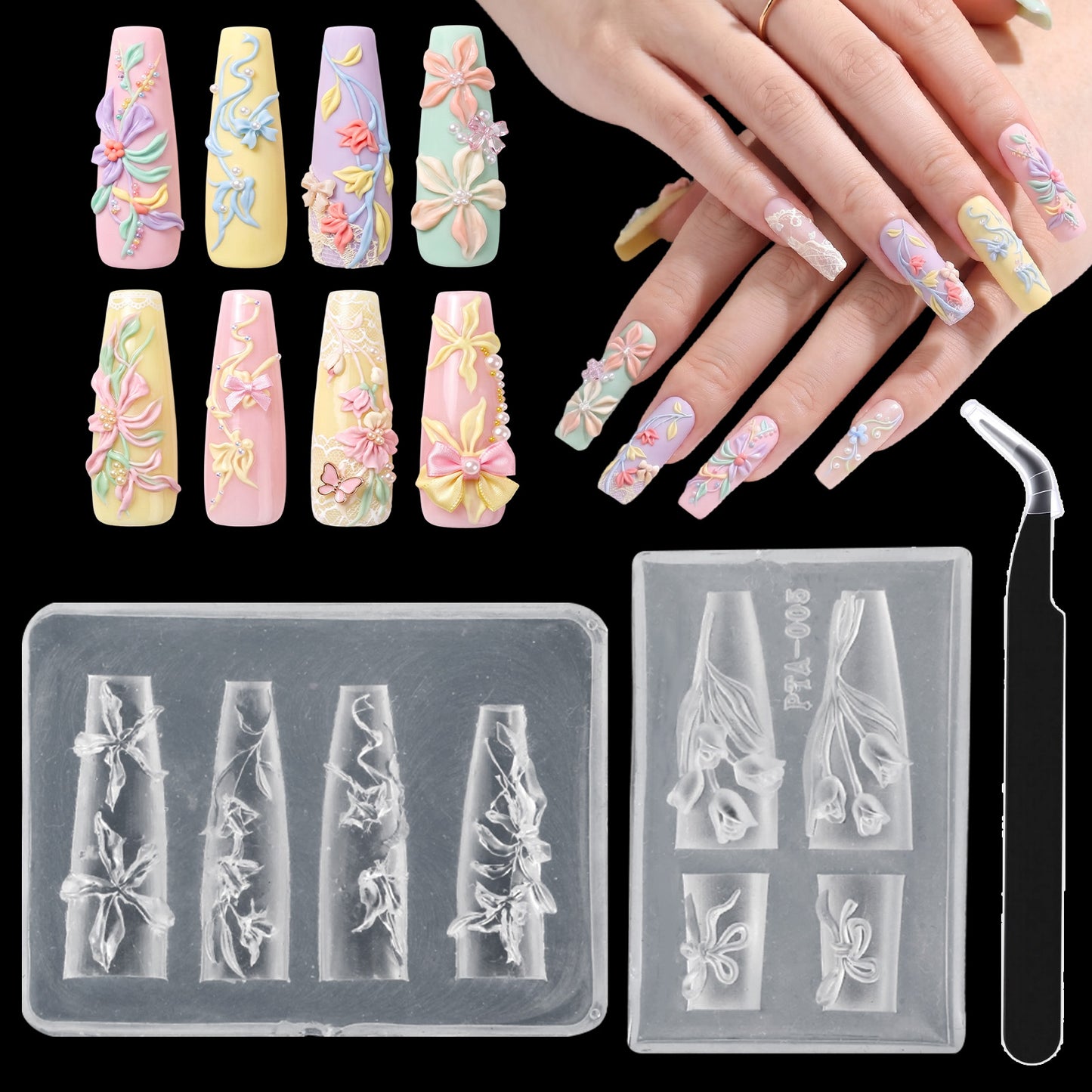 2 Pcs 3D Flower Mold for Nails, Reusable Silicone Nail Art Molds with Tweezers Tulip Bouquet Lily Hibiscus Flower Nail Charm Template for DIY Salon Nail Design
