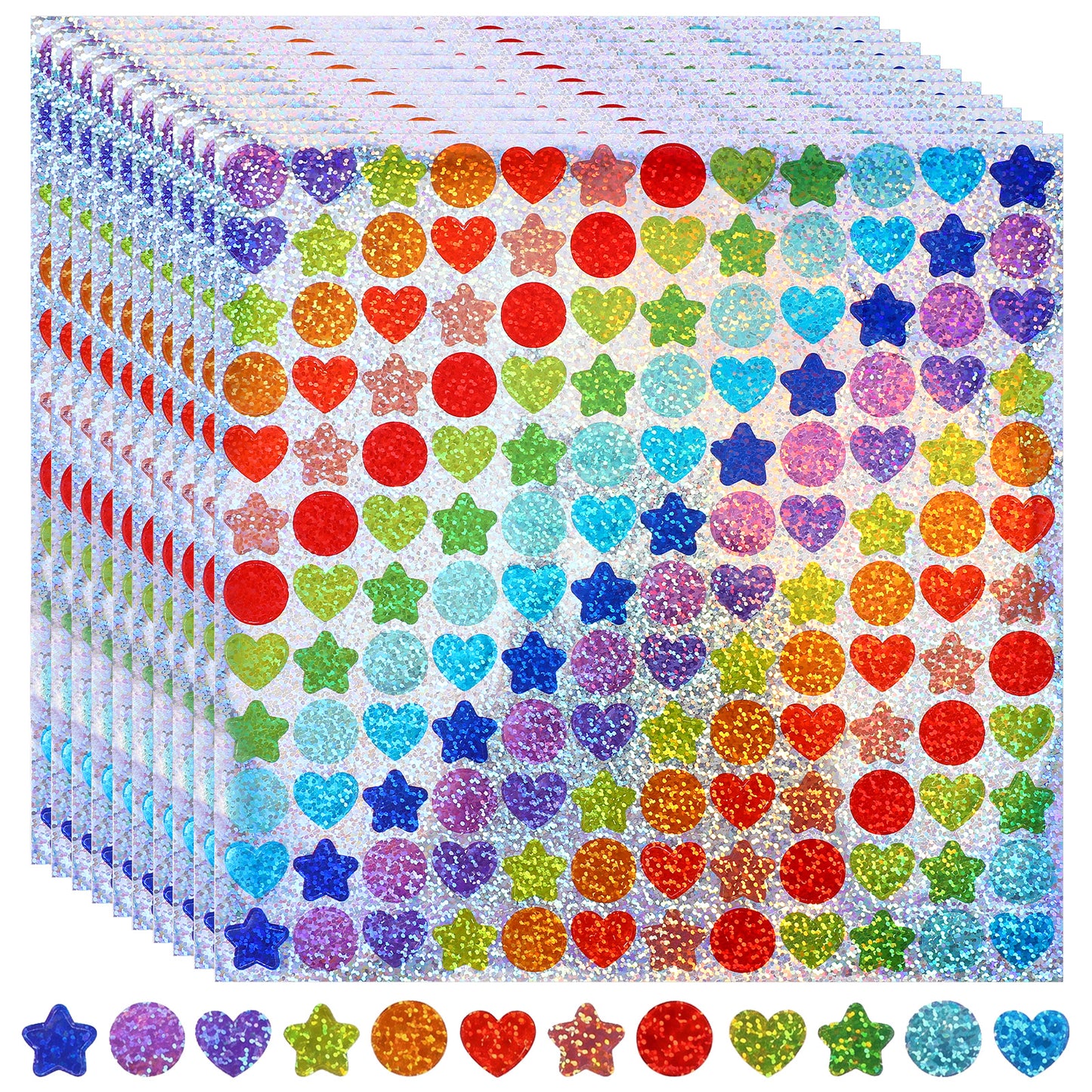 2880PCS Holographic Star/Heart/Round Stickers, 20 Sheets Colorful Glitter Stickers, Sparkly Reward Sticker, Shiny Small Star Sticker for Planner, School, Classroom, Student and Teacher Supplies