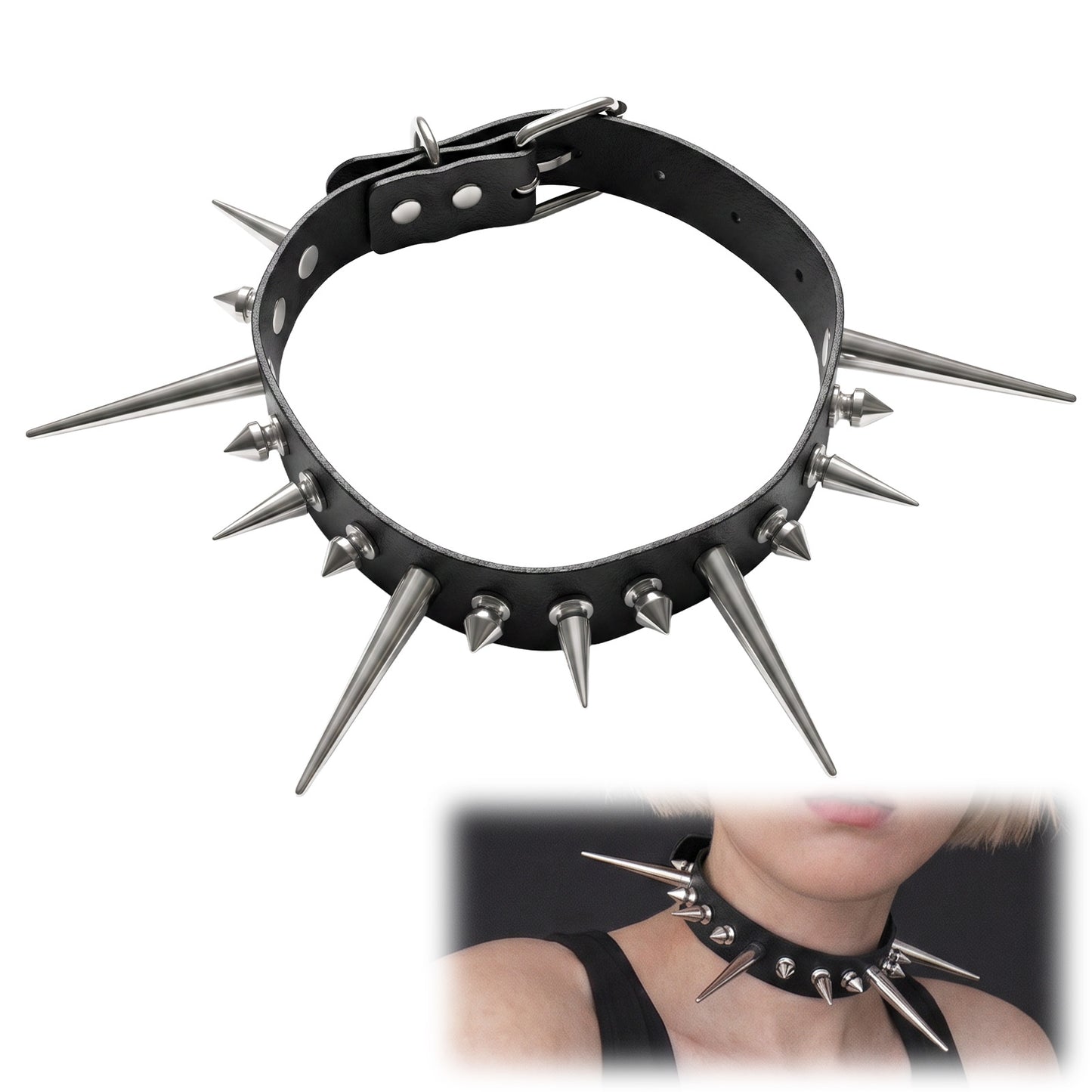 PEOVLVN Adjustable Goth Necklace Spiked Choker Collar for Women Black Leather Choker Halloween Costume Jewelry Punk Gothic Accessories (Style B)