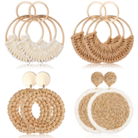 Handmade Raffia Rattan Bohemian Round Drop 4 Pairs Beach Essentials Dangle Dangle Earrings Set Fashion Lightweight Summer Statement Hoop Dangles Drops Straw Earring - Vacation Essential