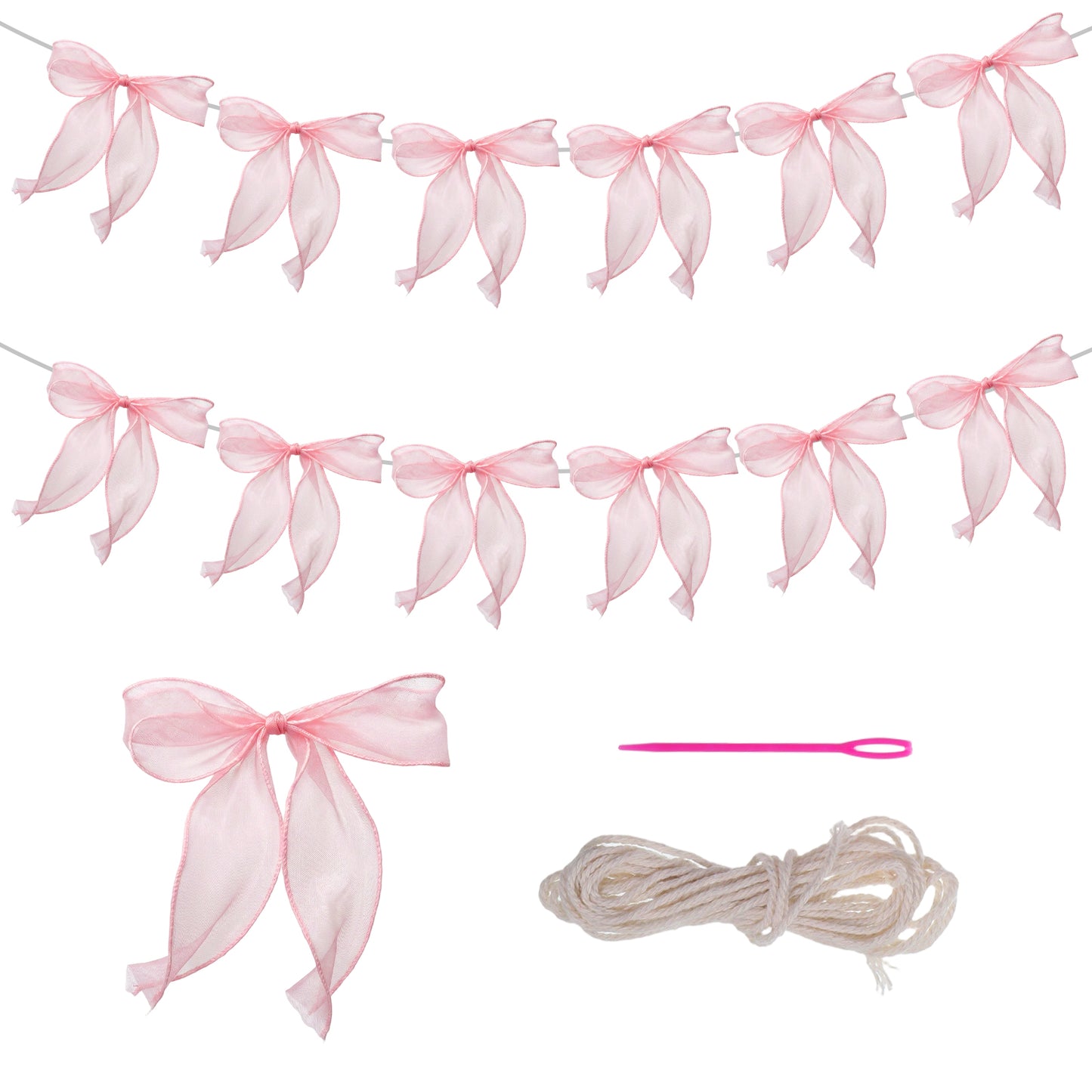 Grevosea 1 String of 12 Pcs Pink Bow Garland, Bow Banner Ribbon Garland Pink Bows Decor for Birthday Wedding Engagement Anniversary Bridal Shower Bachelorette Party Decorations