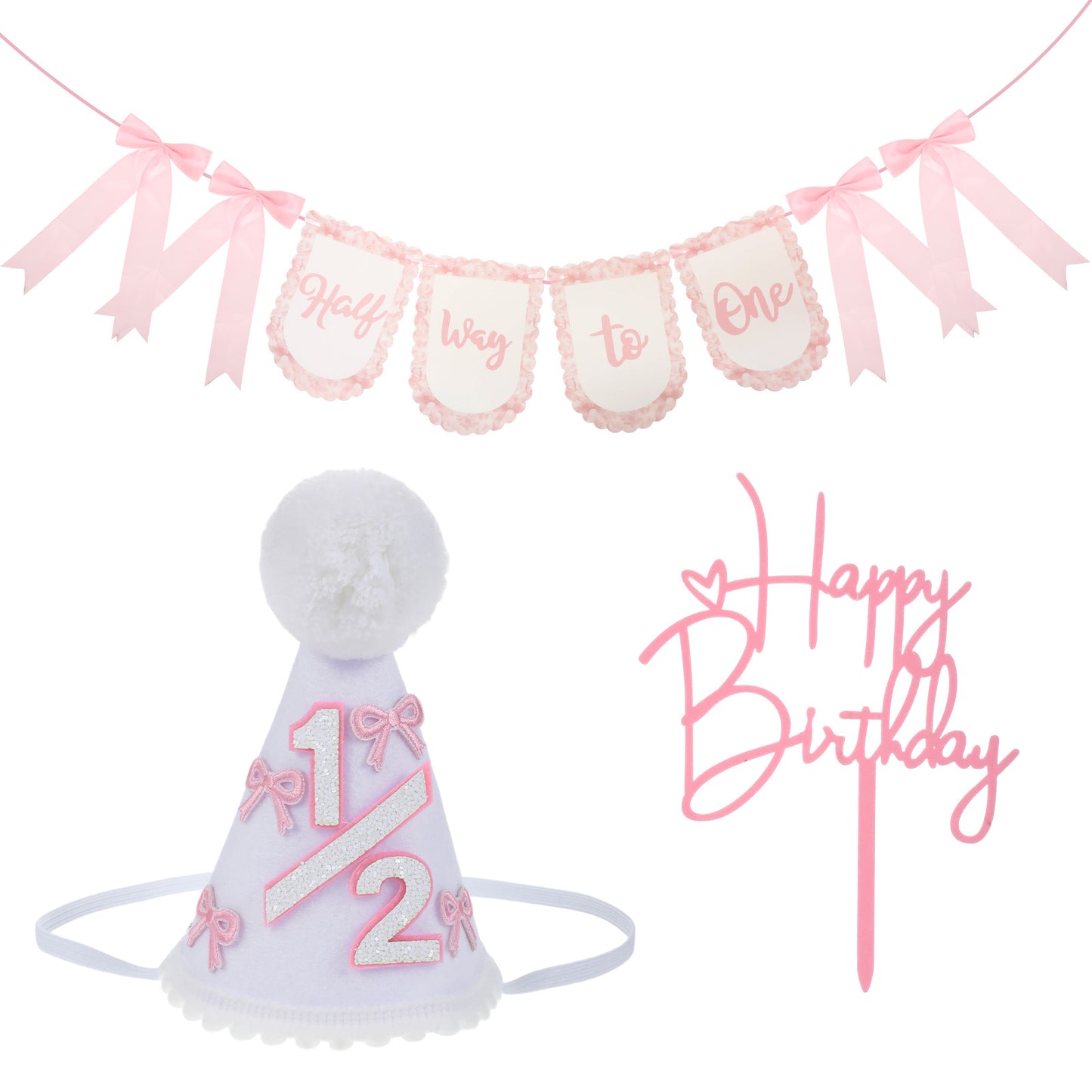 Quilax 1/2 Birthday Banner Princess Cone Hat Cake Topper Half Way to One Baby Girl Decorations 6 Month Pink Bow High Chair Banner Tiara Outfit