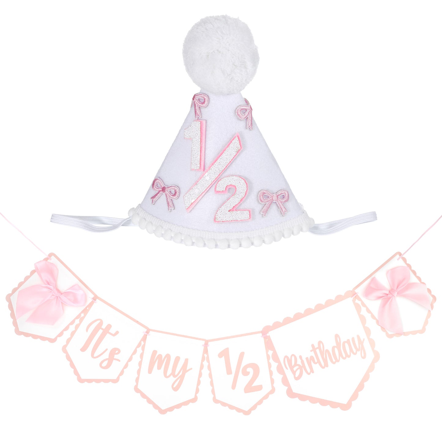 1/2 Birthday Girl Party Decorations Set, Pink Bow 1/2 Birthday Girl Hat with Pom-poms, Cute High Chair Banner for Celebrating 6 Months Milestone(DIY Assembly Required)