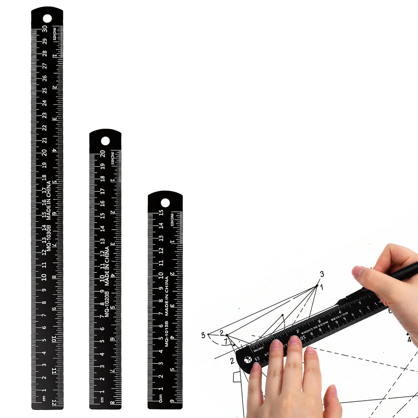 3-Pack Metal Ruler Set, 6 8 12 Inch Stainless Steel Ruler, Dual Scale Metric and Imperial, Laser Engraved with Conversion Table, Easy to Read Metric Rule for School Office Crafting