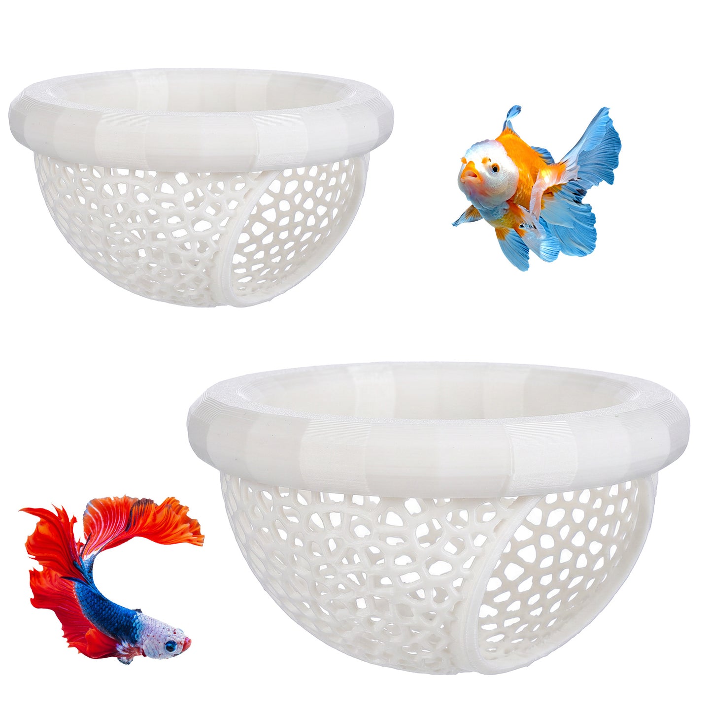 2Pcs Floating Betta Hammock & Shrimp Cave, 3D Printed Aquarium Decor with Feeding Ring in 2 Sizes, Betta Fish Hammock for Shrimp & Small Fish, Fishes Tank Accessories (White)