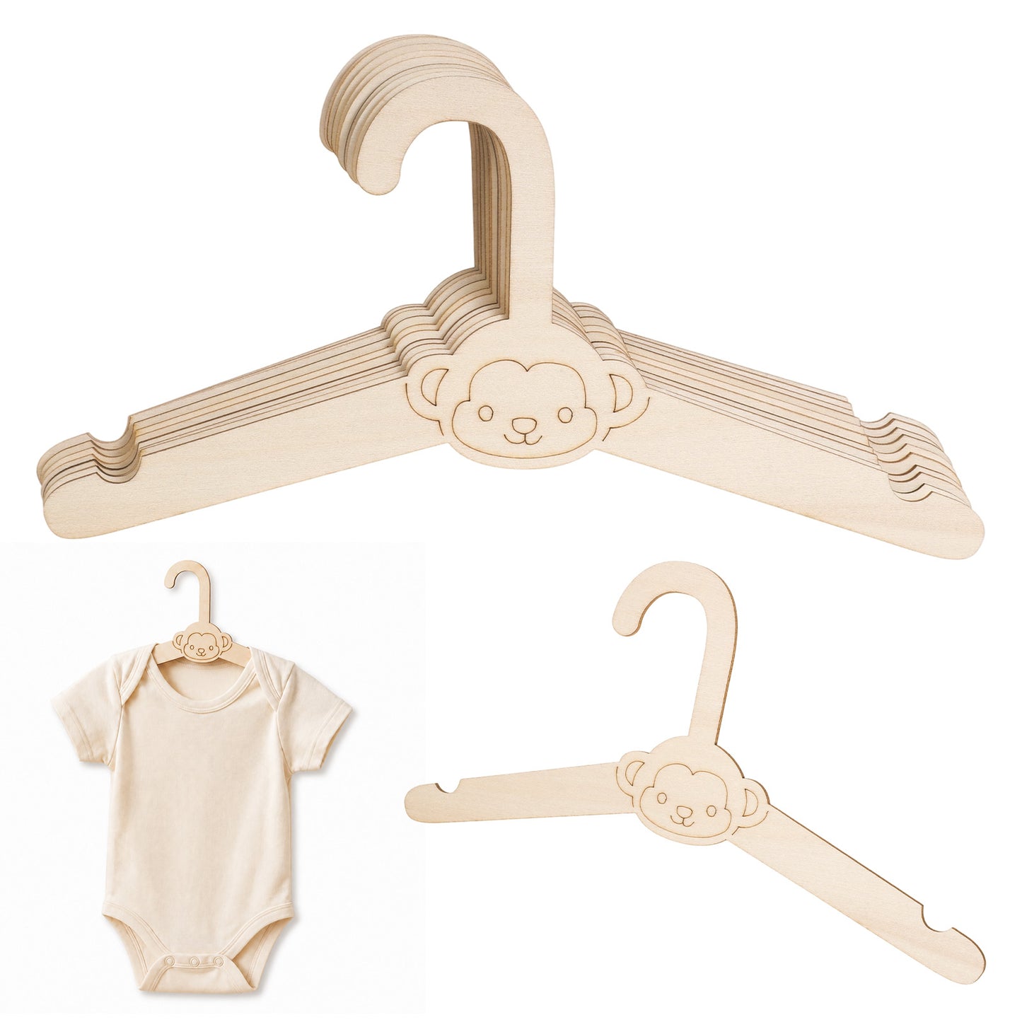 10 Pack Wooden Baby Hangers 10 Inch Non Slip Toddler Clothes Hangers (Monkey)