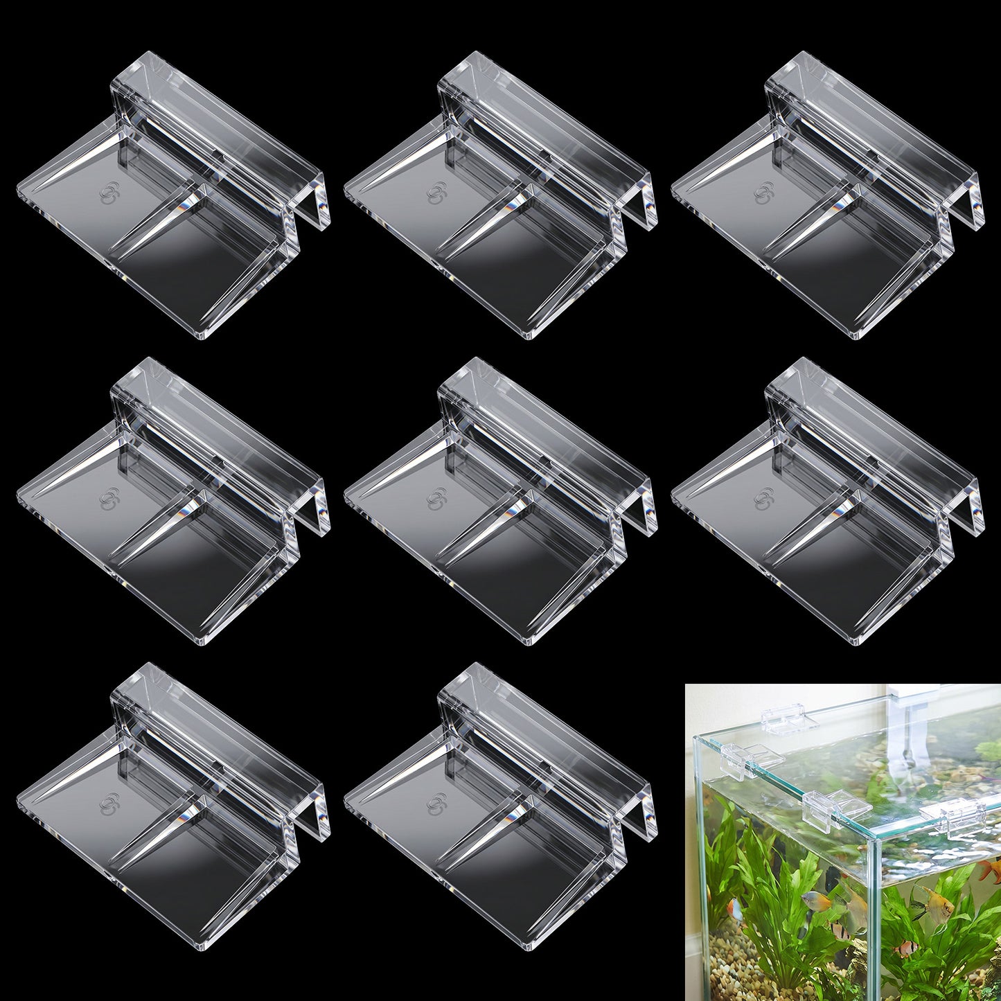 LLOUSSAK 8 Pcs Aquarium Lid Clips, Clear Acrylic Fish Tank Lid Holder, Plastic Fish Tank Cover, Aquarium Cover Support Clamps for Rimless Glass Top