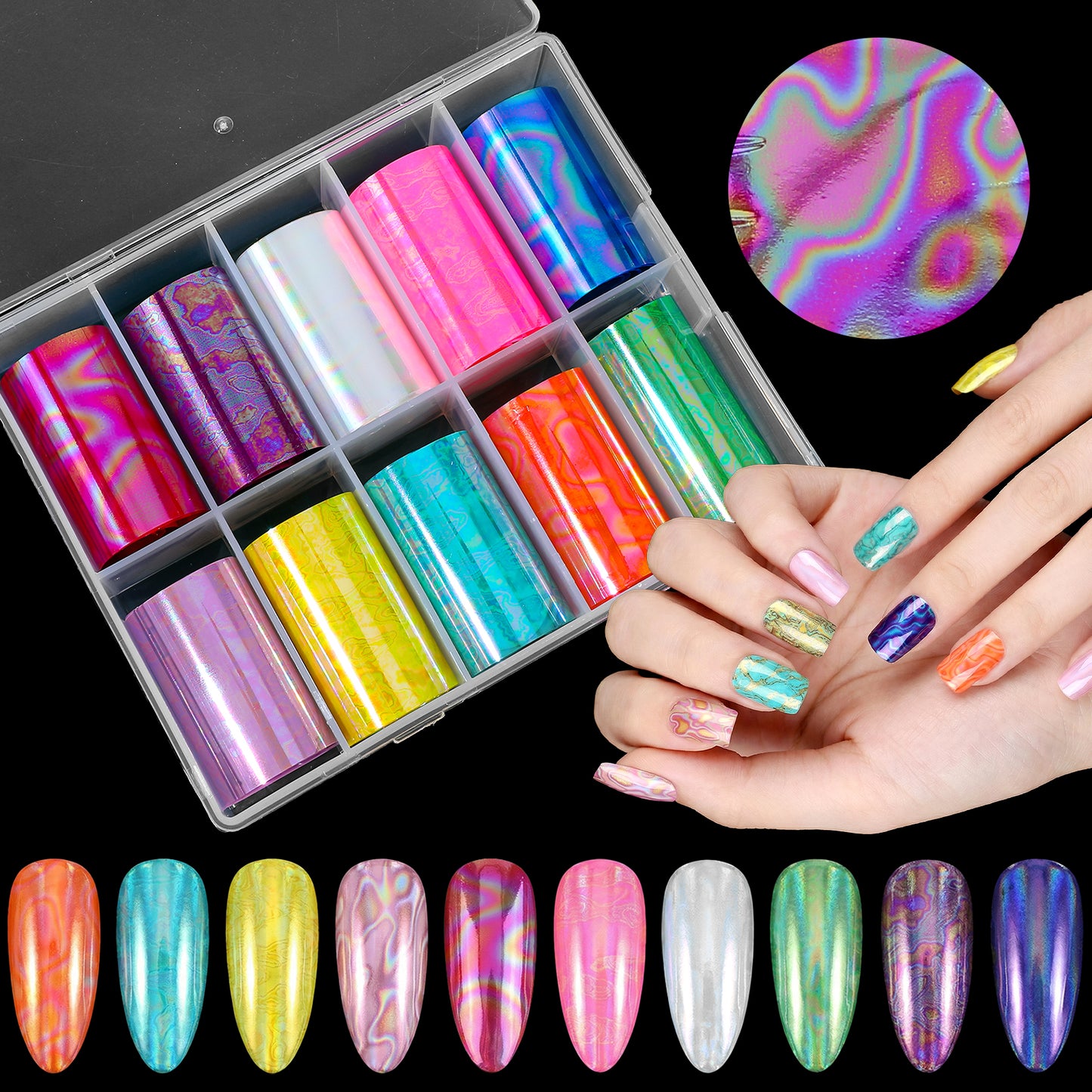 10 Rolls Aurora Nail Foil Transfer Sticker Holographic Nail Foils Laser Iridescence Foil Transfer Stickers Decals