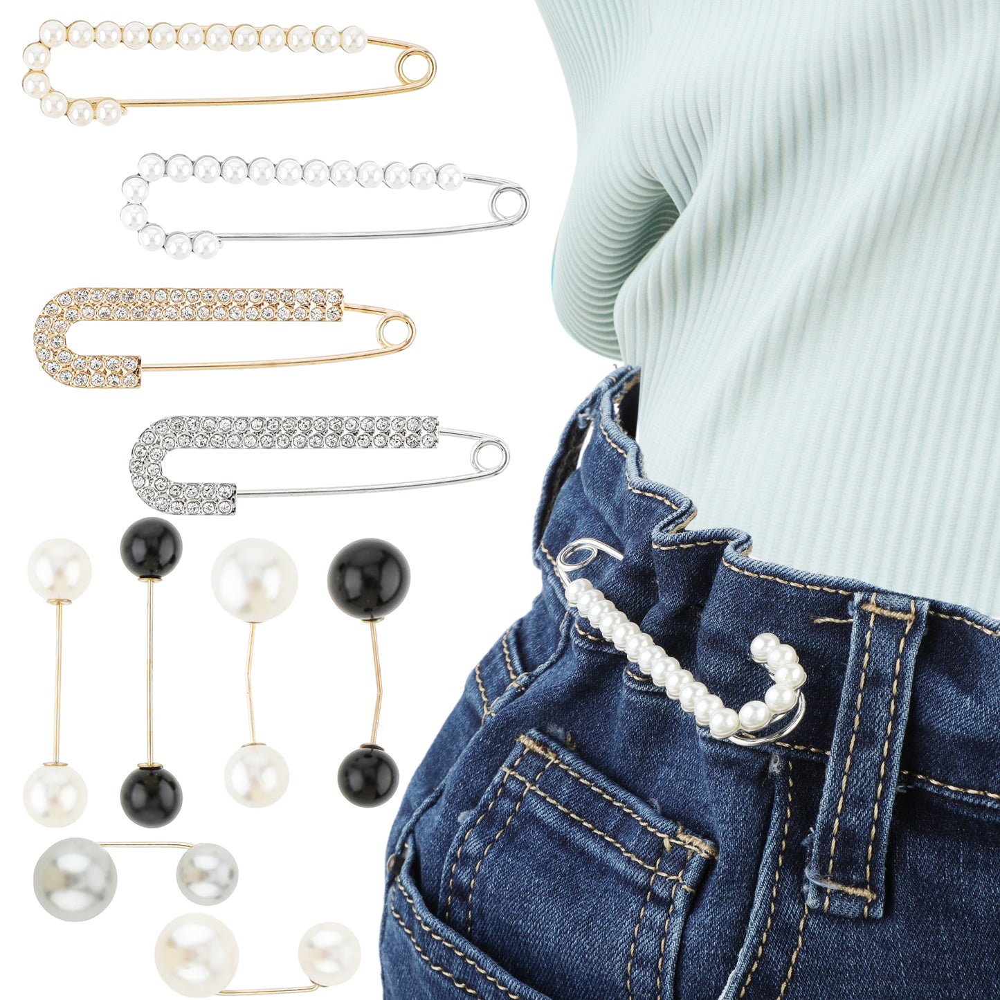10 PCS Jean Waist Tightener, Adjustable Pearl Clip Pant Clips Pants Adjuster Waistband Tightener Pins Decoration Accessories for Women Loose Jeans Skirts Clothing