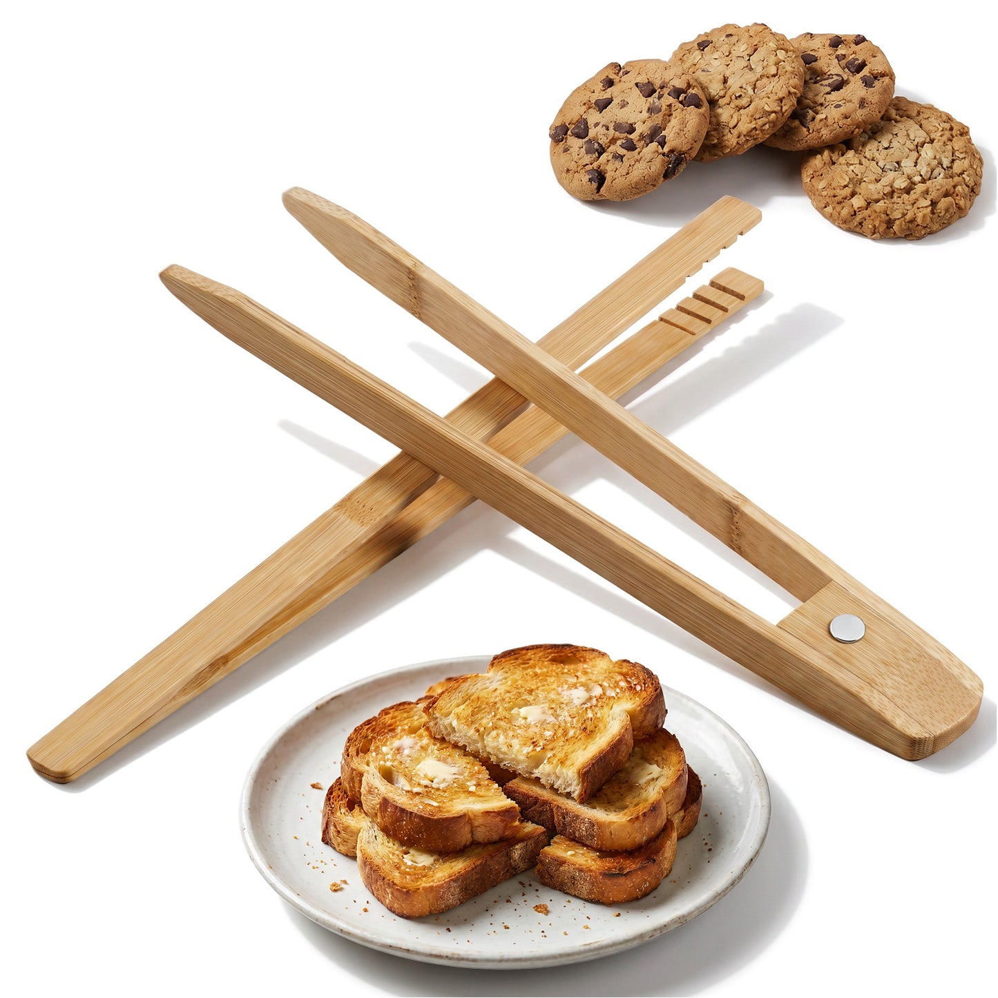 Bamboo Toast Tongs 2-Piece Set, 9.6 Inch Magnetic Tongs for Cooking and 7.1 Inch Mini Tong, Kitchen Tweezers for Salad, Bacon, Bread, Sugar Cubes