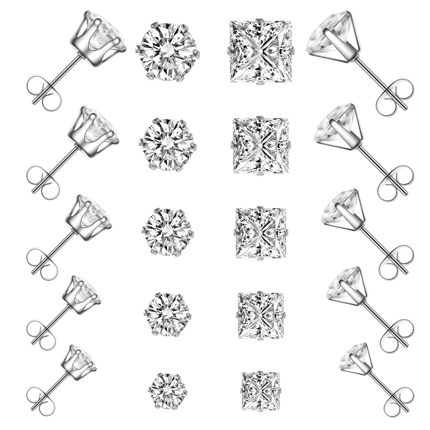 10 Pairs CZ Stud Earrings for Women, Small Stainless Steel Earring Studs, Round and Square Silver Stud Earring Earrings for Women Men