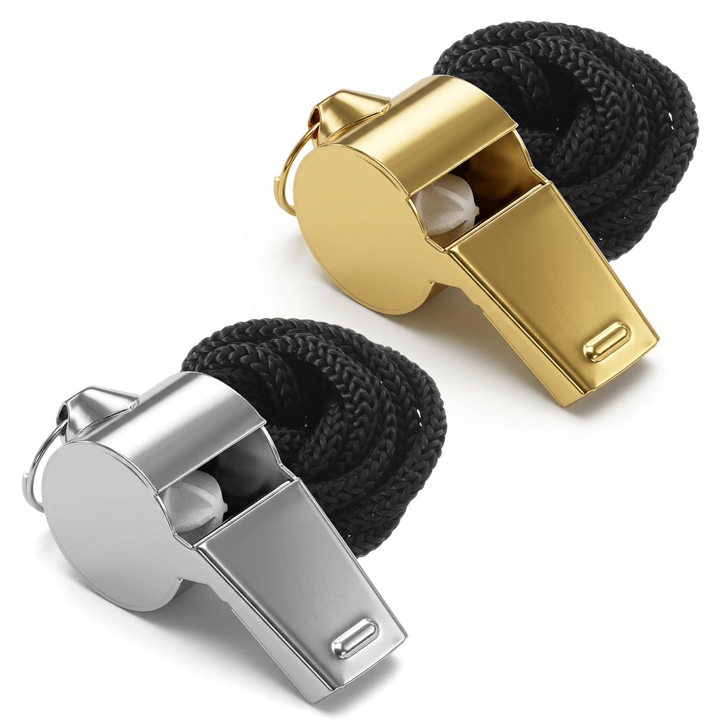 Macuezu 2 Pack Whistles for Coaches Stainless Steel Sports Whistle with Lanyard, Loud Crisp Sound Whistles, Silver & Gold Metal Whistle for Coaching Referees Teachers Soccer Emergency Outdoor Sports