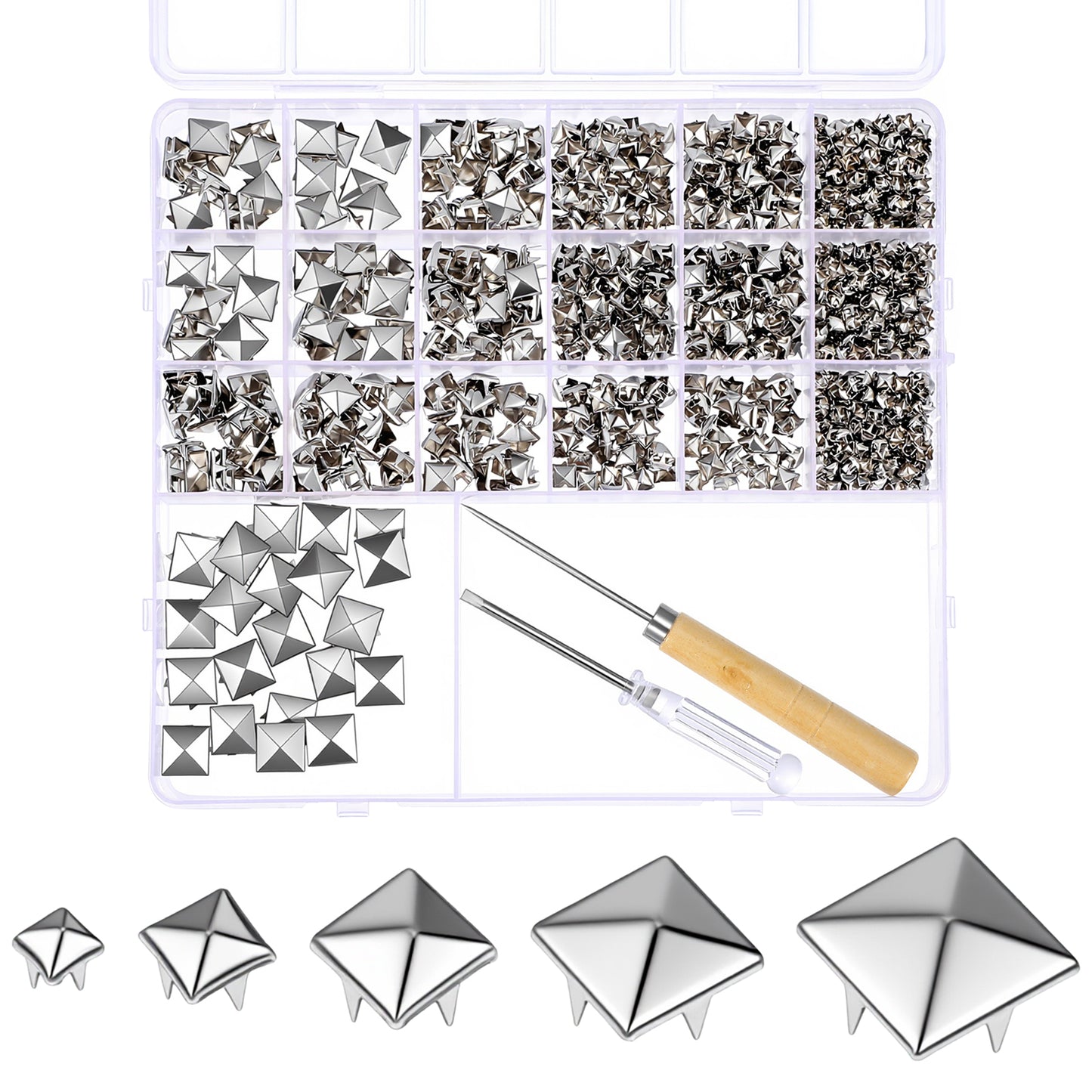 1000pcs Square Pyramid Studs for Clothing, 5 Sizes Punk Spikes and Studs, Metal Claw Nailhead Spike Rivets Stud with Tool, Leather Rivet Kit with Awl Silver Spikes for Clothes, Jacket, Belt, Dog Coll