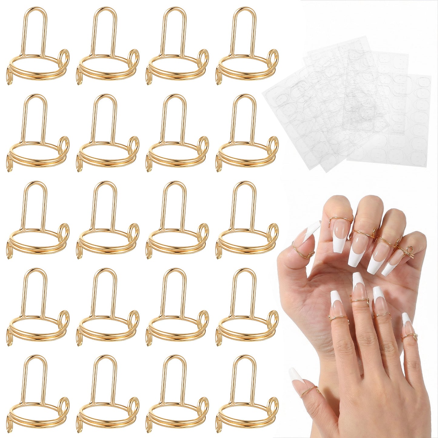 Grevosea 20 Pcs Nail Rings, Gold Adjustable Detachable Nail Ring Fingernail Rings with Adhesive Nail Tabs for Women Acrylic Nail Art Decoration Charms Accessories