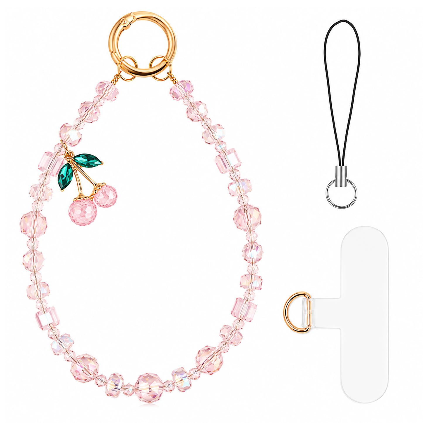 Grevosea Phone Charm Wrist Strap for Women, Beaded Bracelet Wristlet Chain Lanyard, Pink Cherry Anti-Theft Handsfree Detachable Strap for Cellphone Camera Bag Keychain