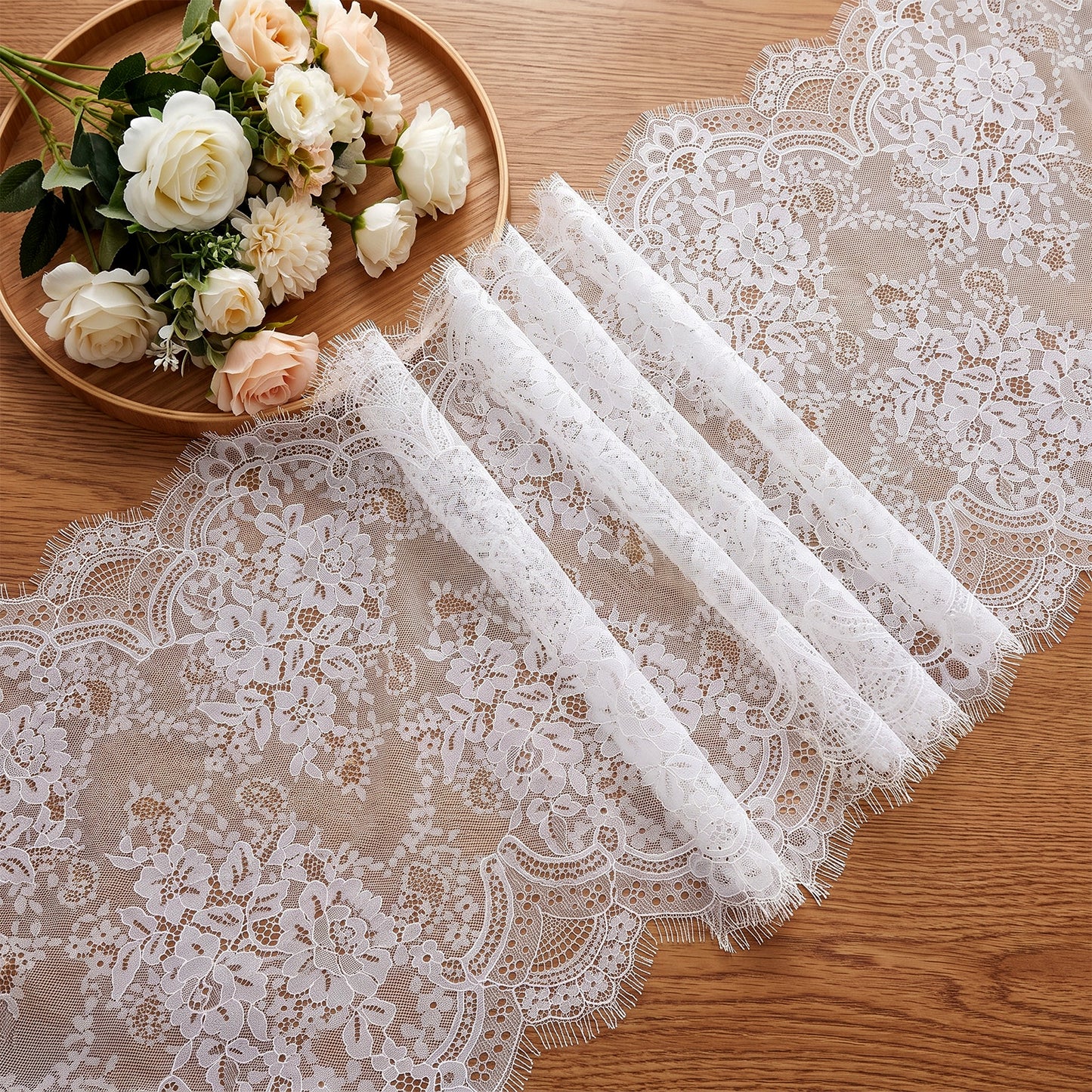 15.75" Wide 3 Yard White Eyelash Lace Fabric, Weaving Lace Ribbon