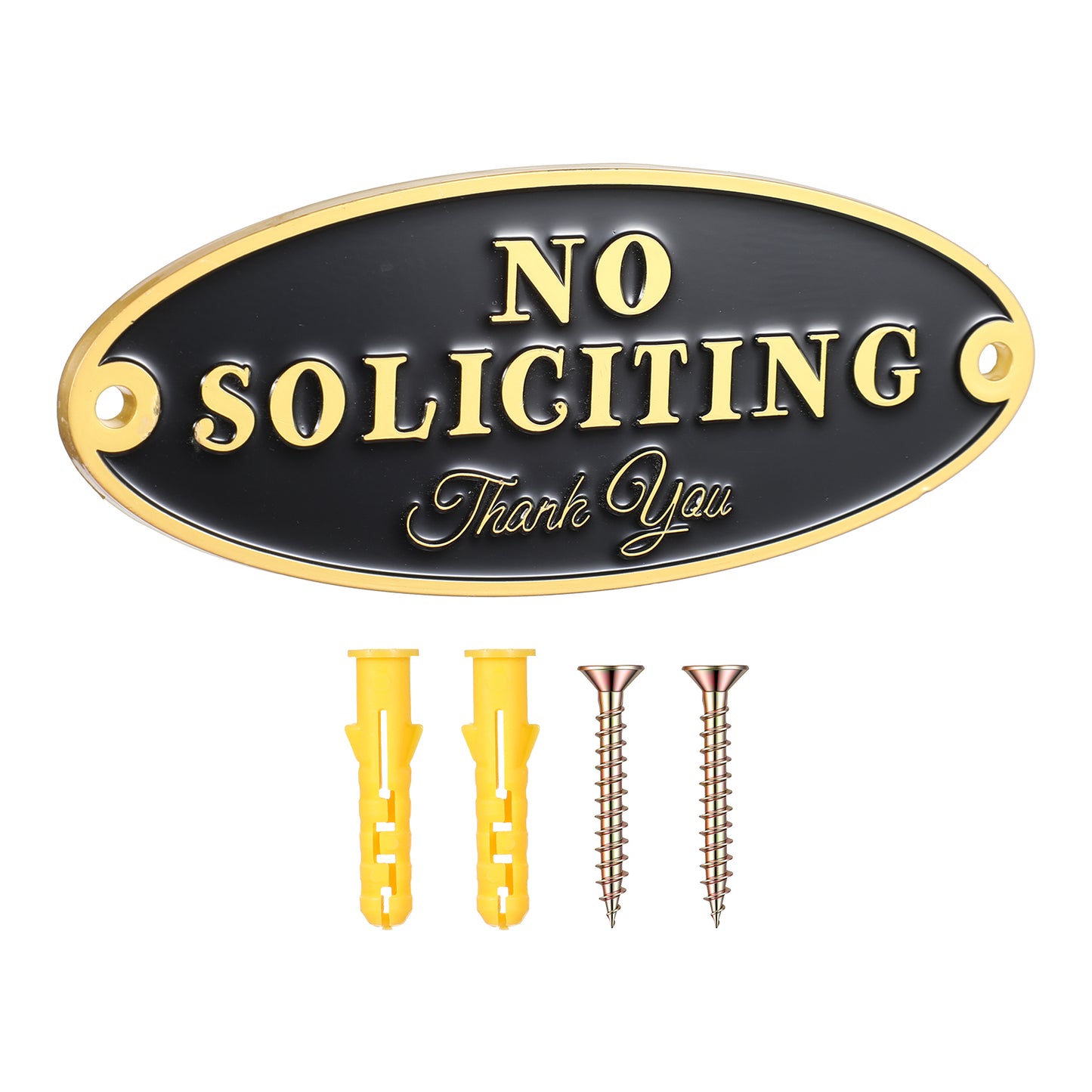 No Soliciting Sign for House, Front Door, Yard - 2"x5" Black Gold Metal Plaque with Pre-Drilled Holes & Screws, Weatherproof Home & Office Decor