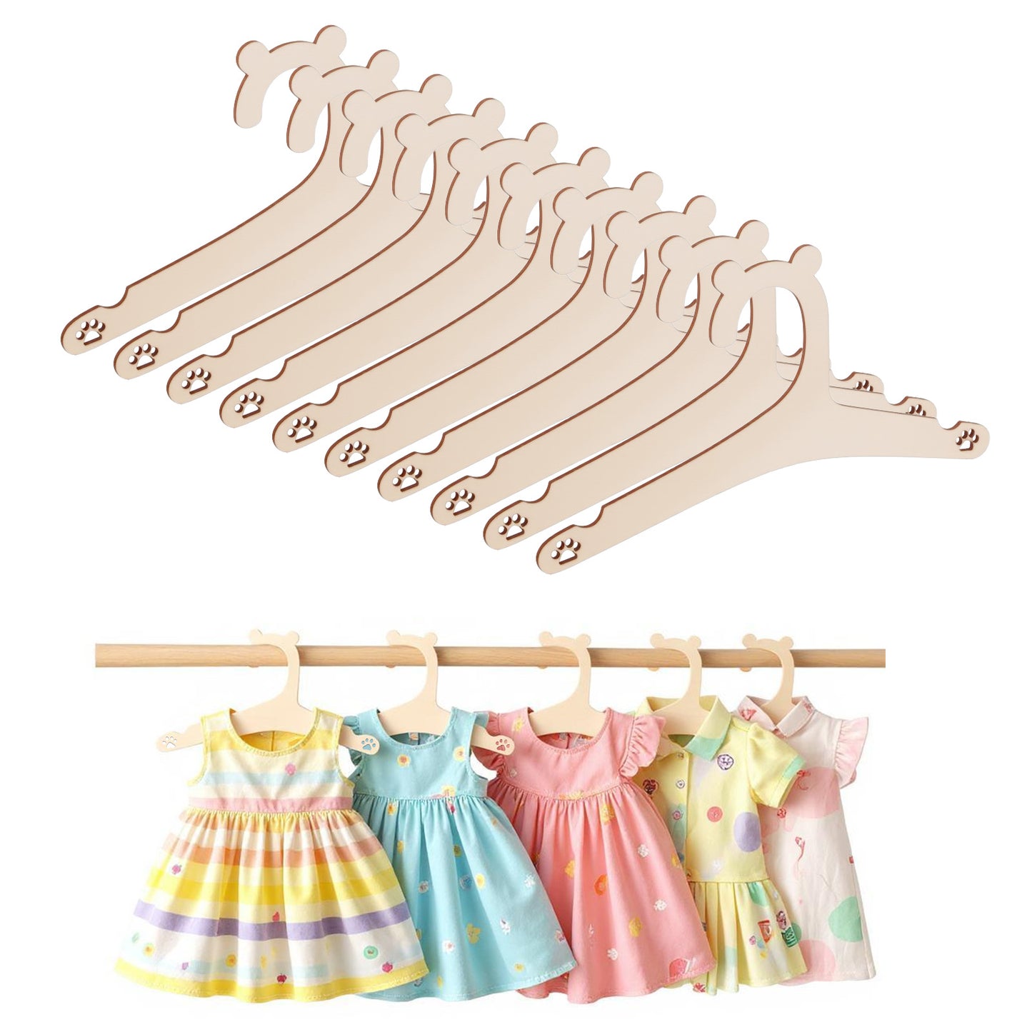 10 Pcs Wooden Baby Hangers, 9 Inch Baby Clothes Hangers, Cute Kids Hanger with Shoulder Notches for Infants & Toddler & Newborn, Wooden Hanger for Clothes, Pants(Bear)