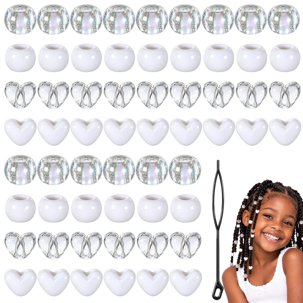 Yuanan 60pcs White Hair Beads for Braids, Acrylic Hair Beads for Kids