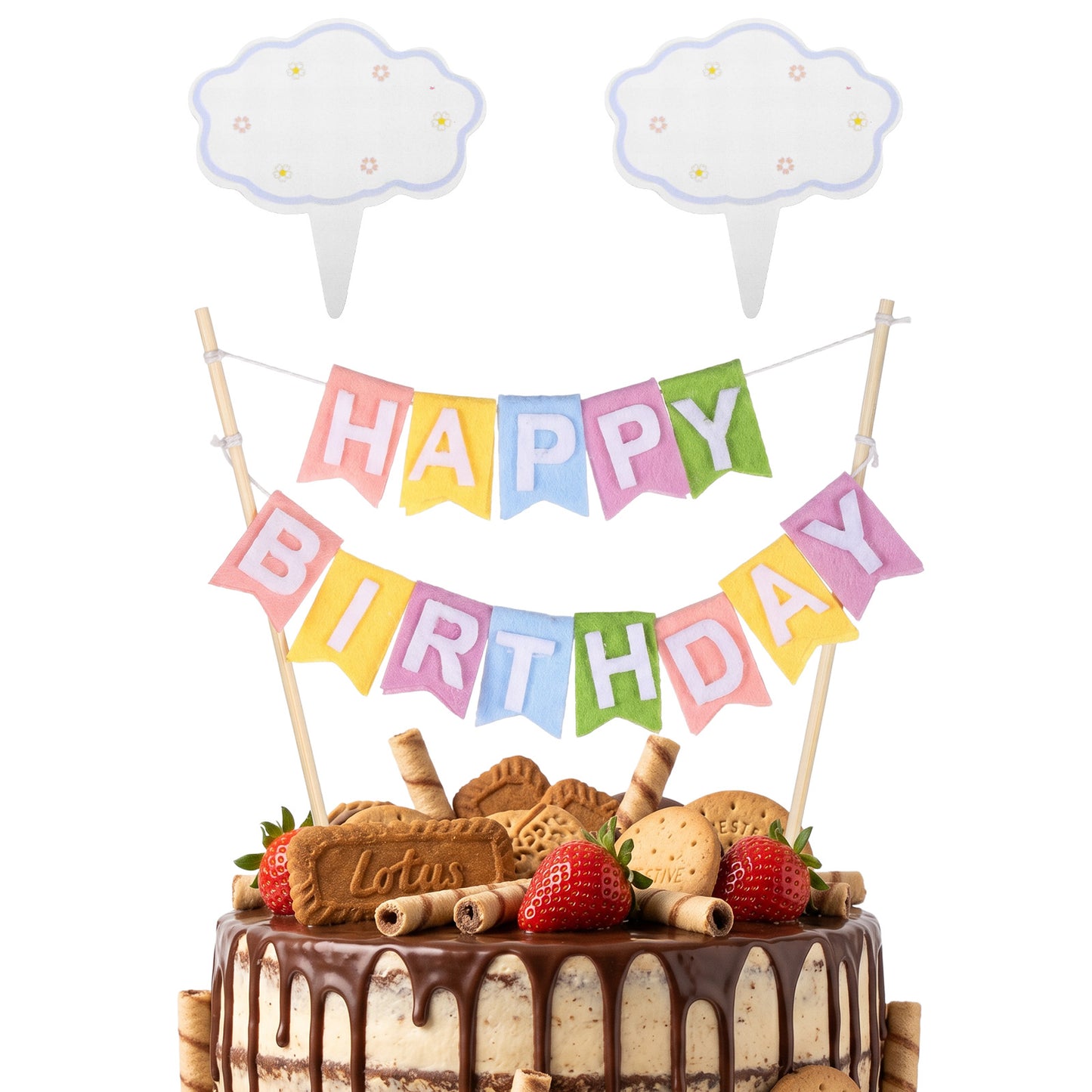 Happy Birthday Cake Topper Banner - Ivory Pennant Flags Garland with Wood Pole & Golden Star - Elegant Party Supplies for Cake Decoration