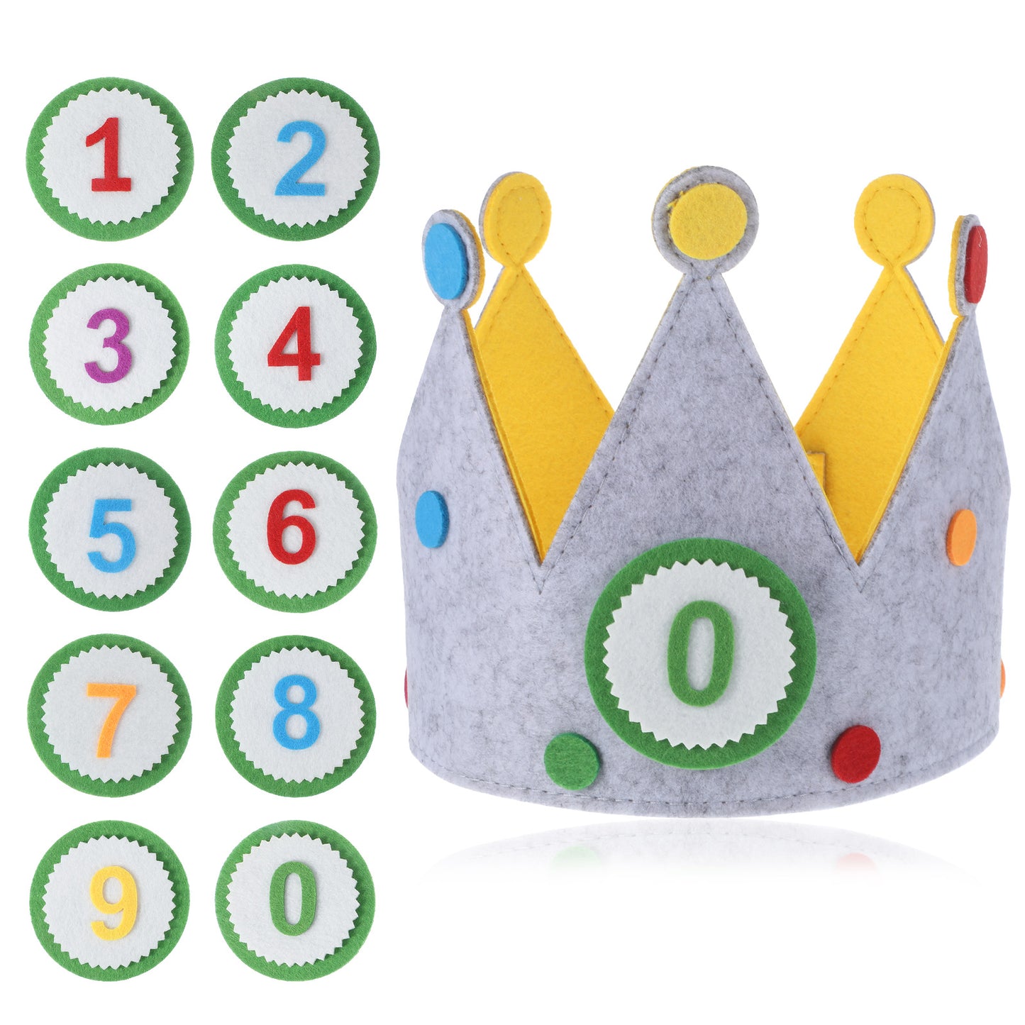 Aysatogc Birthday Crown Hat with Numbers, Felt Crown Birthday Hats Children's Fabric Hat Interchangeable 3D Stickers Fabric Crowns Numbers 0-9 Party Decorations for Birthday