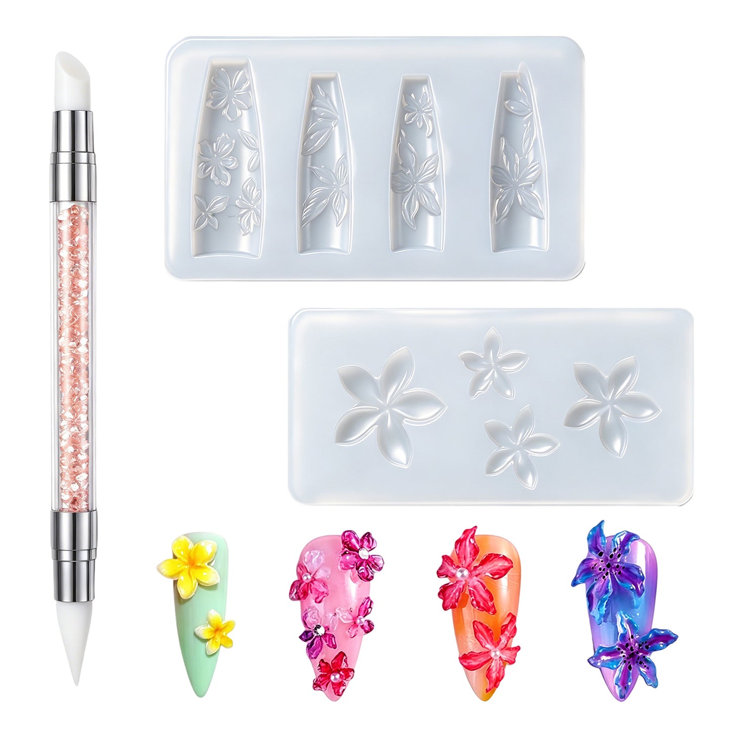 ZEYIYER Silicone Nail Molds, 2Pcs Silicone Nail Art Molds with Carving Pen, Reusable Flower Manicure Mold for Women DIY Art