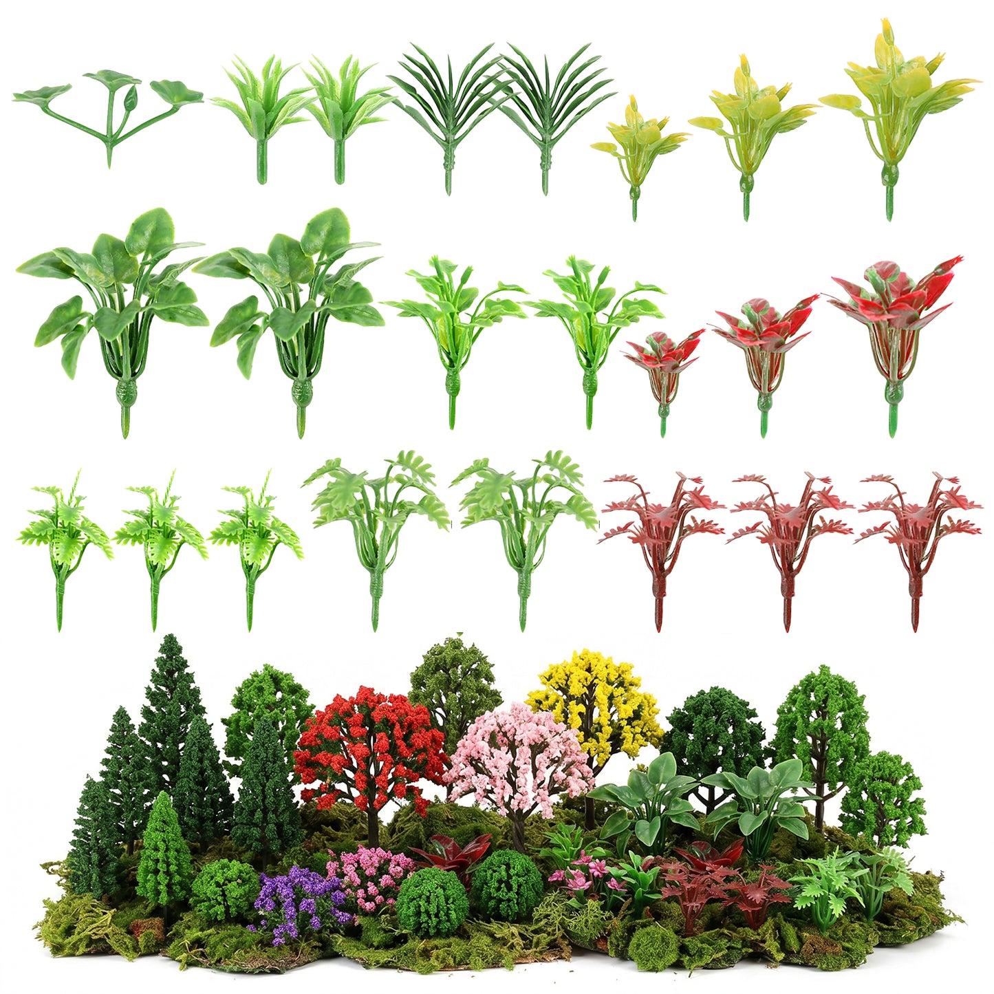 Kynigo 100Pcs Miniature Plant Set, Mini Trees Flowers Shrubs For Train Scenery, Sand Architecture Model Craft Supply
