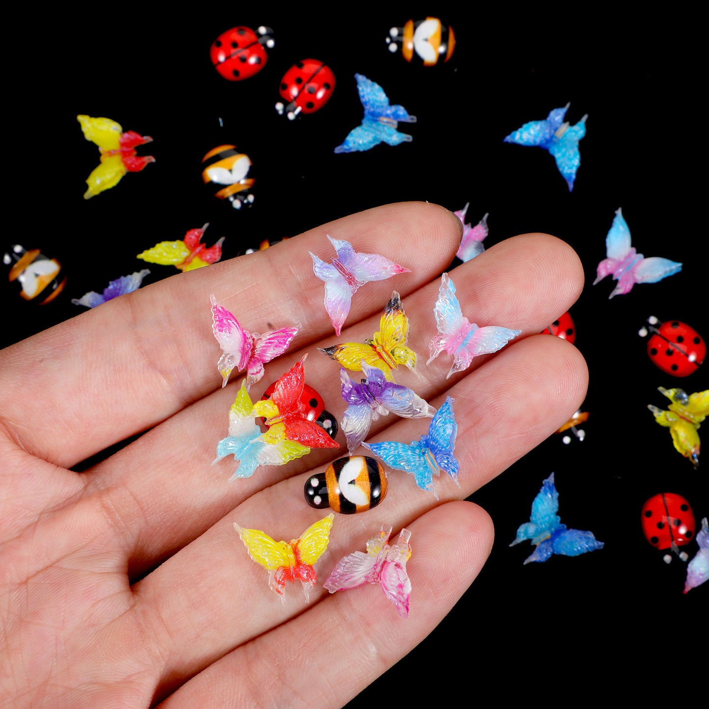 Miniature Micro Resin Ladybug Butterfly Bee Set - 32 Pcs Dollhouse Miniature Flatback Cabochon Bugs & Tiny Butterfly Figurines for for Spring Fairy Garden Terrarium Scrapbook, Nail Art, Decoration
