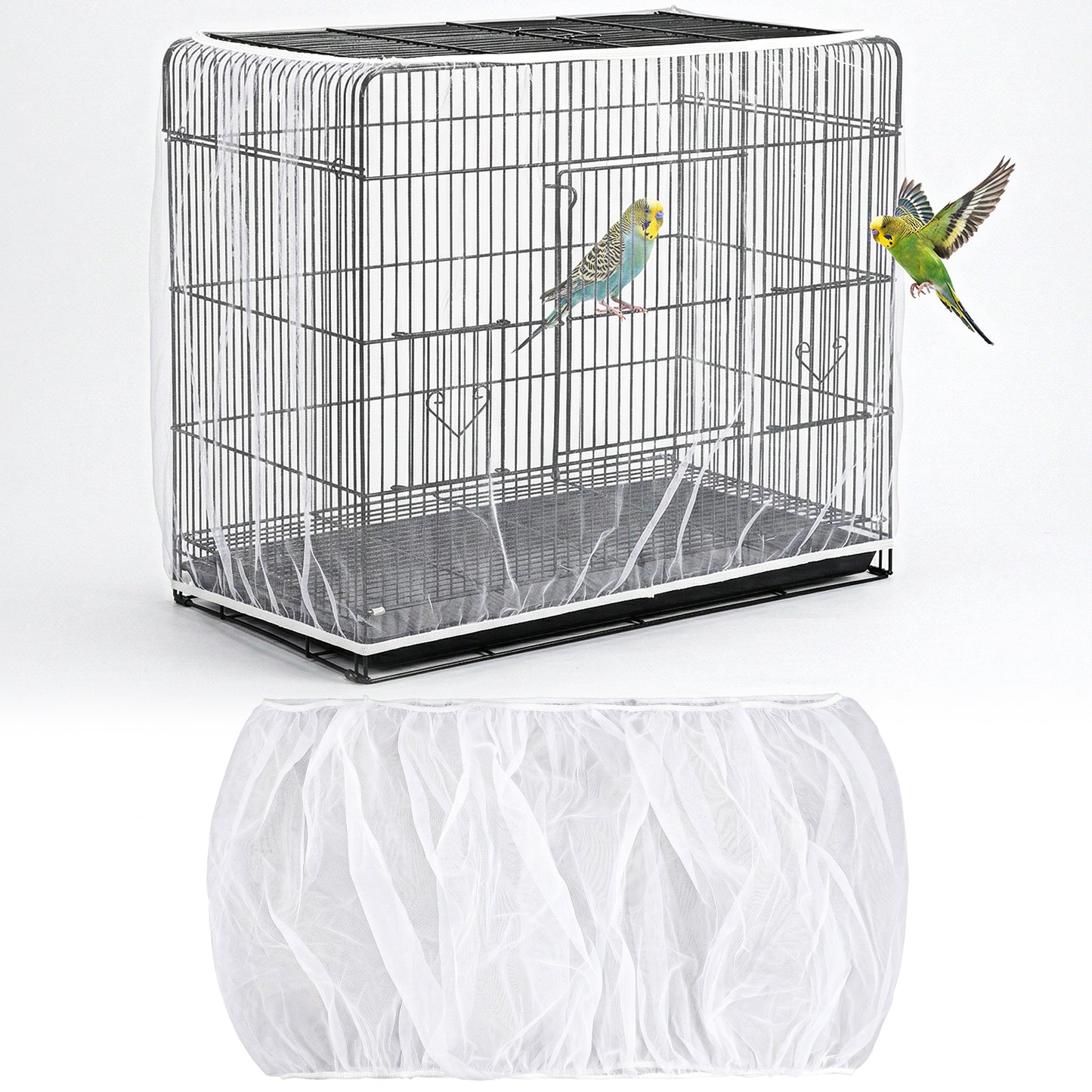 Bird Cage Seed Catcher, Adjustable Bird Cage Cover, Soft Airy Birdcage Cover Skirt, Polyester White Mesh Netting Covers for Parrot, Parakeet, Macaw, African, Round and Square Cages