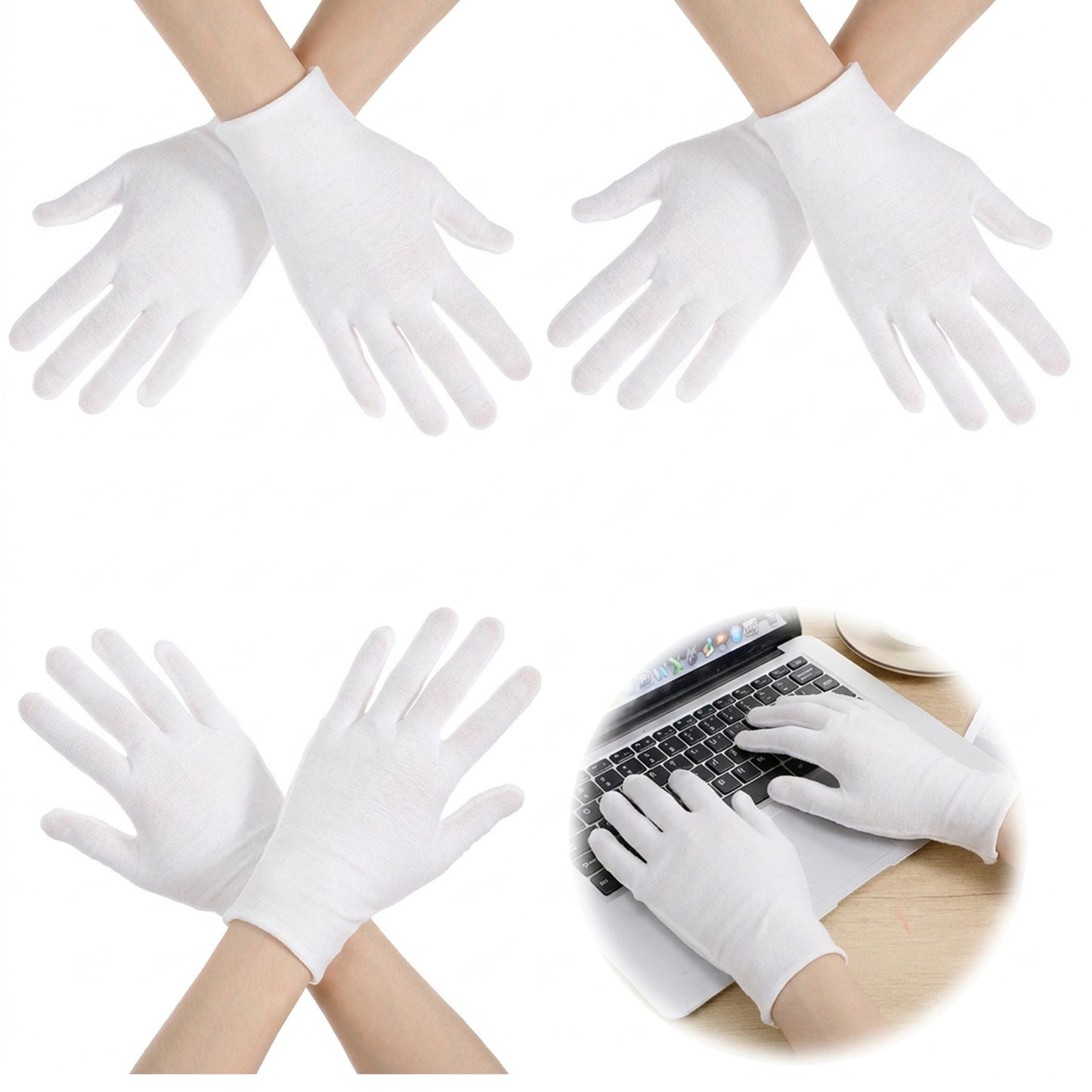 3 Pairs White Cotton Gloves for Dry Hands, Eczema Overnight Hydration Gloves for Sleeping Spa, Full-Finger Moisturizing Glove for Women & Men, Size L