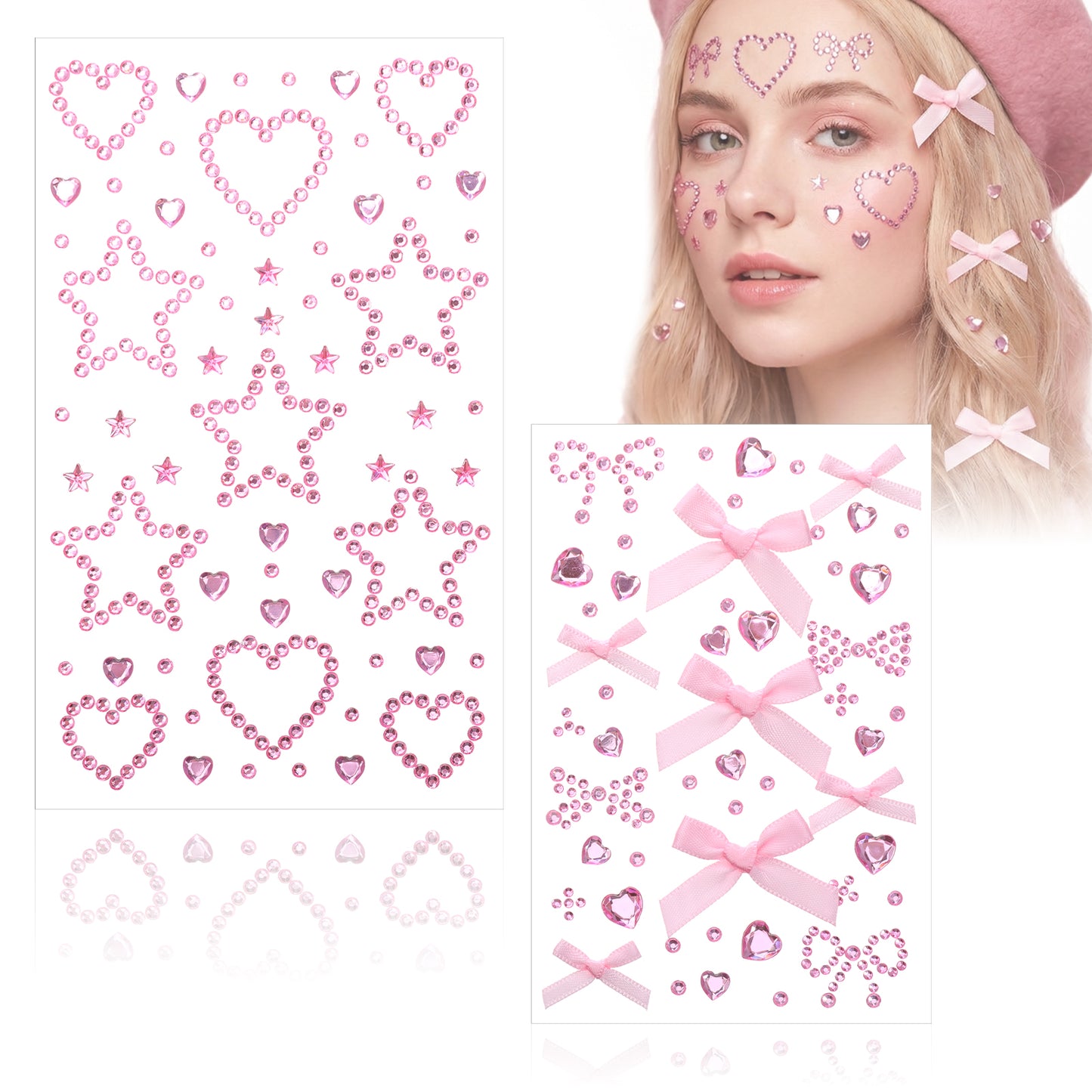 2 Sheets Pink Face Gems, Self-Adhesive Rhinestones for Makeup, Stick on Rhinestones Stickers Tattoos Makeup Gems for Women Face Hair Body Decoration