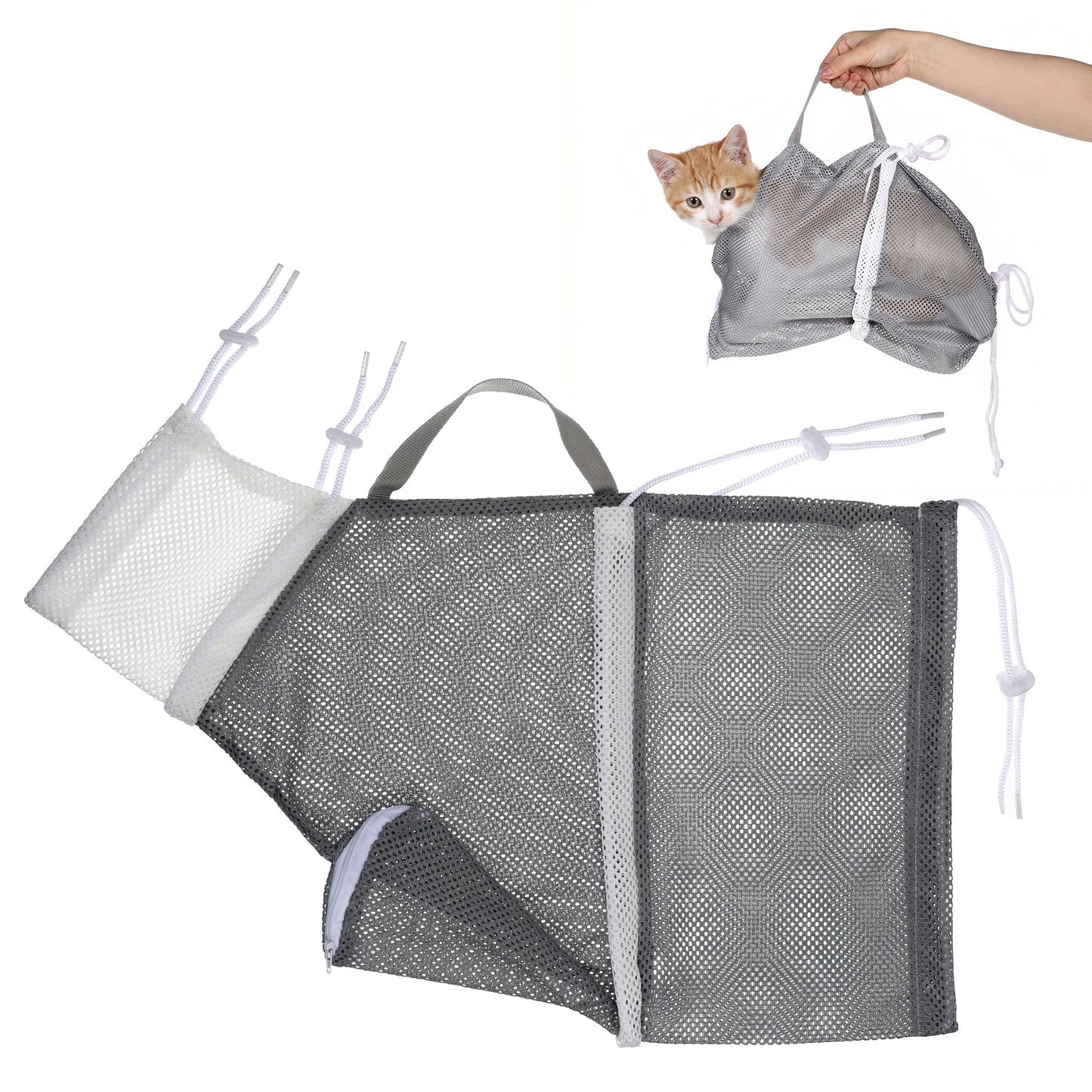 Apojgitn Cat Bathing Grooming Bag, Anti Bite & Anti Scratch Adjustable Cat Grooming Mesh Bag Breathable Pet Restraint Bags for Bathing Nail Trimming Ears Clean Medicine Taking (Gray)