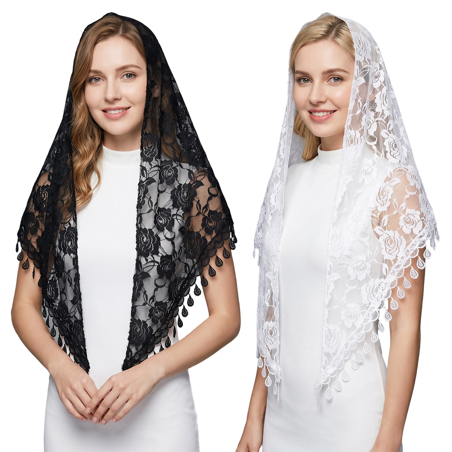 ZEYIYER 2Pcs Lace Veil, Black White Lace Veil for Women, Floral Headpiece for Wedding, Bride, Ceremony, Photos (Unfolded Size 60×20in)