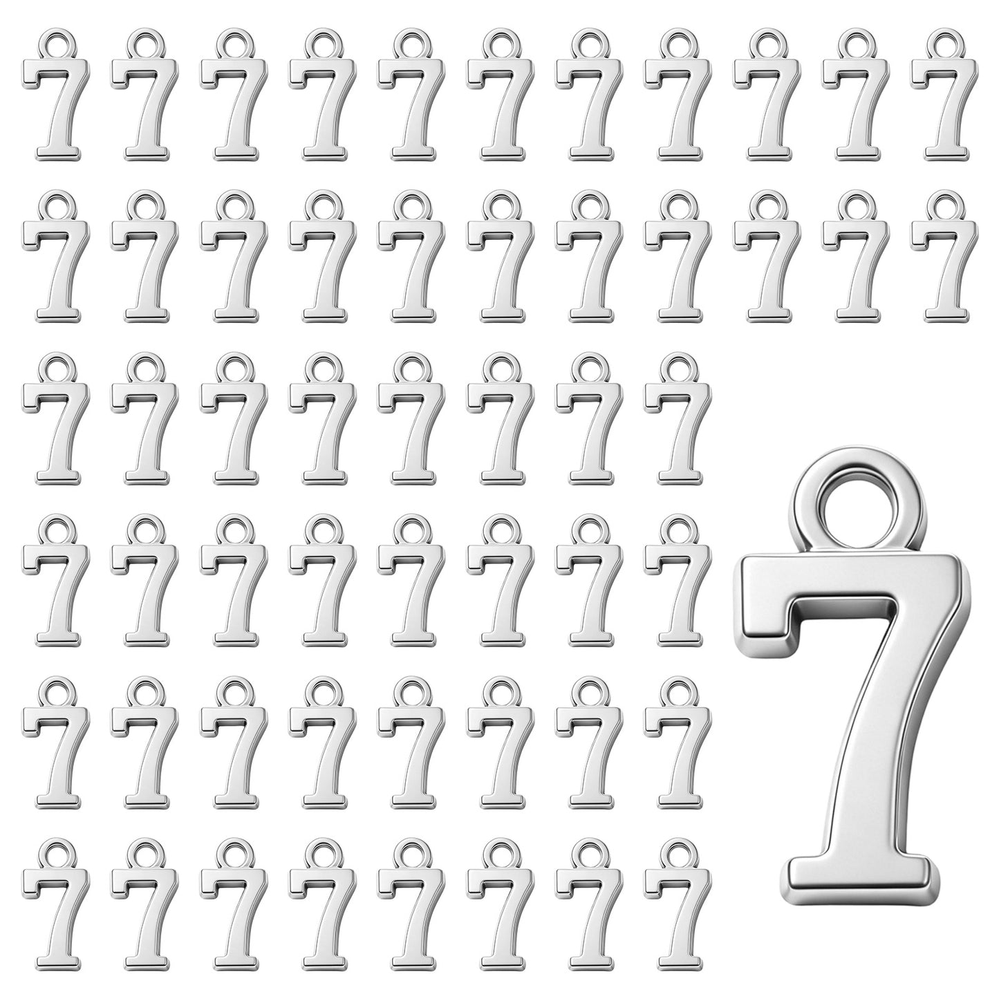 PEOVLVN 50 Pcs Number Charms, Silver Number 7 Charm Alloy Metal Number Pendant Jewelry Charms for DIY Craft Bracelet Necklace Earring Keychain Making Supplies