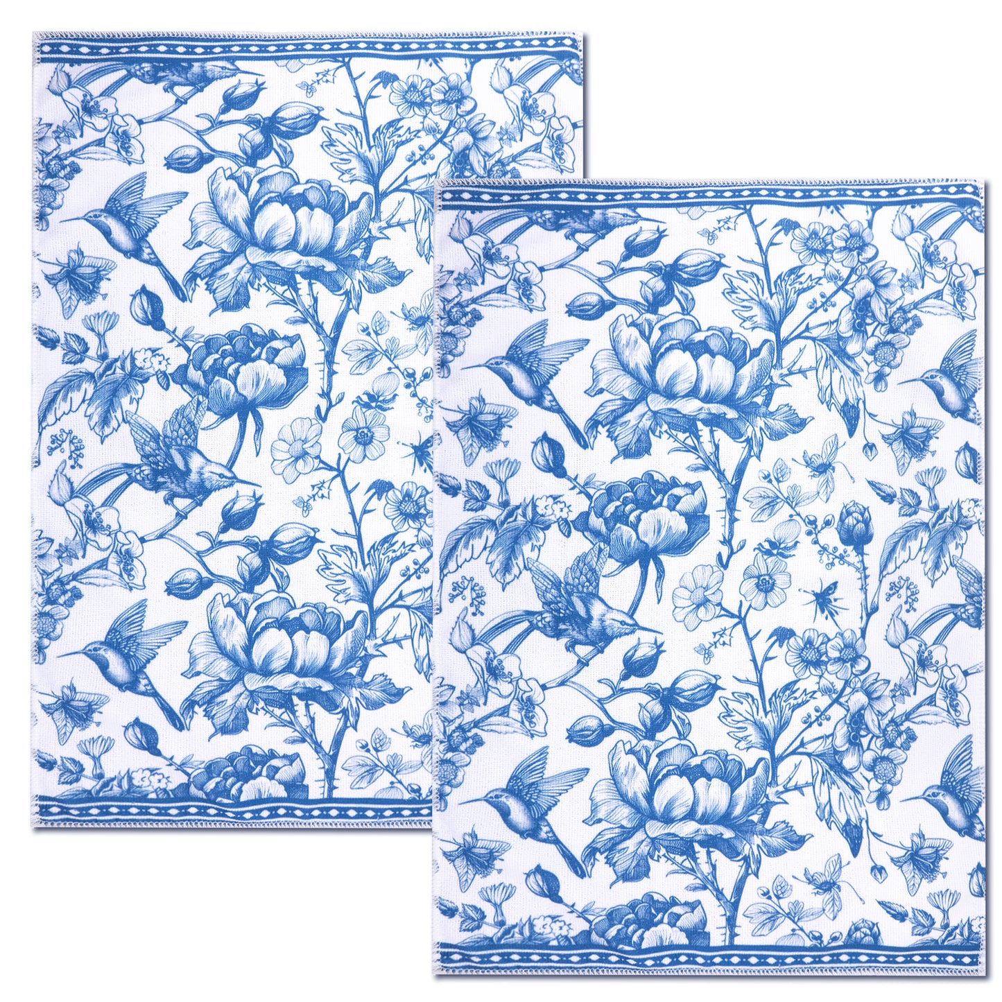 LLOUSSAK 2Pcs Chinoiserie Floral Decorative Kitchen Towels, Flowers Bird Dish Blue Tea Towels, Hand Towel for Kitchen Bathroom Farmhouse Cooking Baking Cleaning(Style 2)