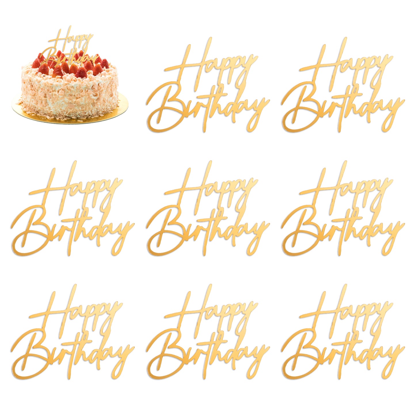 10 Pcs Side Gold Happy Birthday Cake Topper, Acrylic Cake Decorations for Birthday Party Cakes Dessert