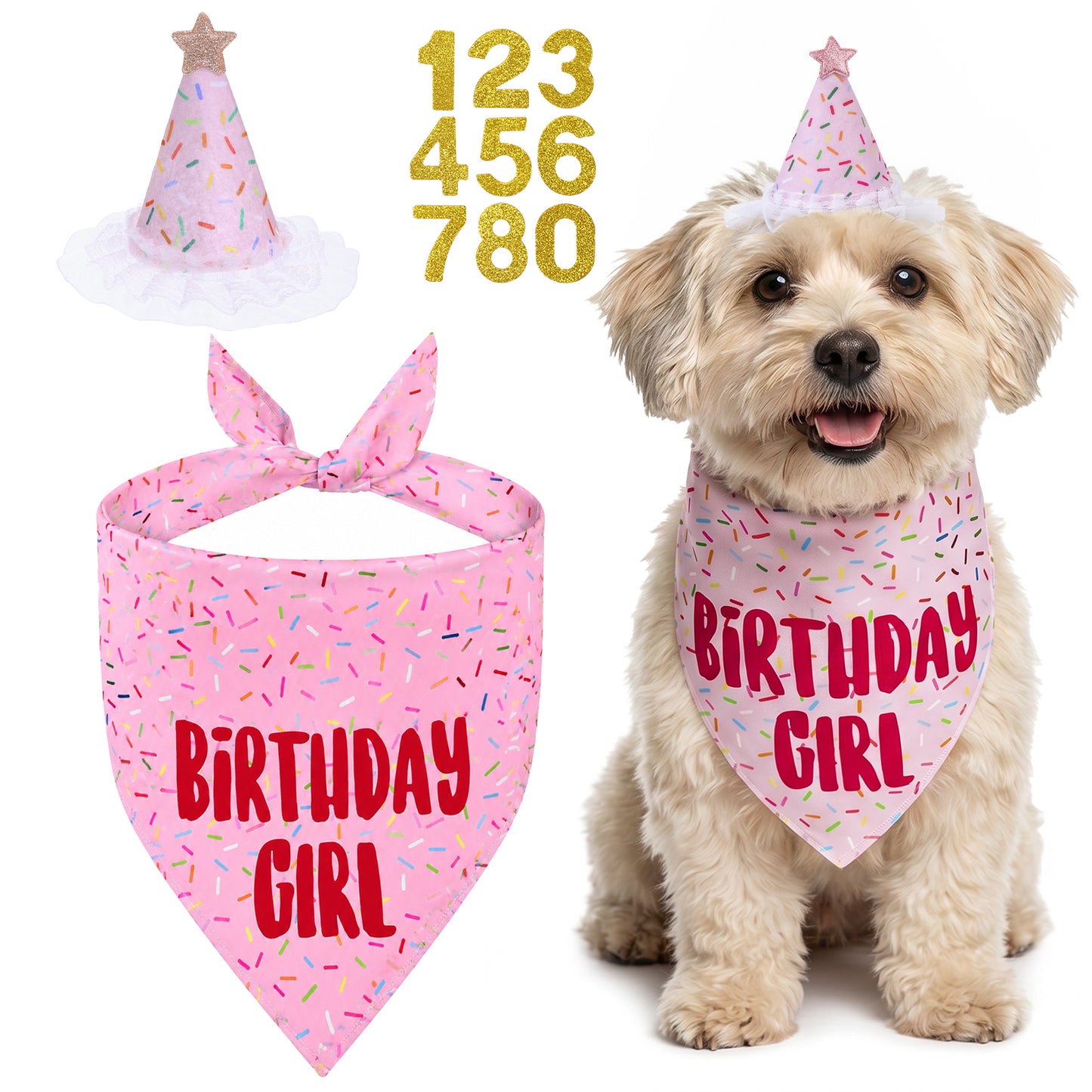 Dog Birthday Decorations Set, Pink Dog Birthday Set with Hat Bandana Numbers for Large Medium Girl Pets Puppy