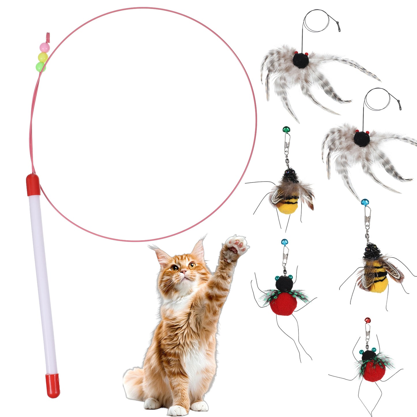 Aysatogc 7 Pcs Cat Wand Toy, Interactive Cat Toy Bug Toys for Exercise and Play Realistic Flying Bugs Cats Wand Cats Toys Wand Replacement