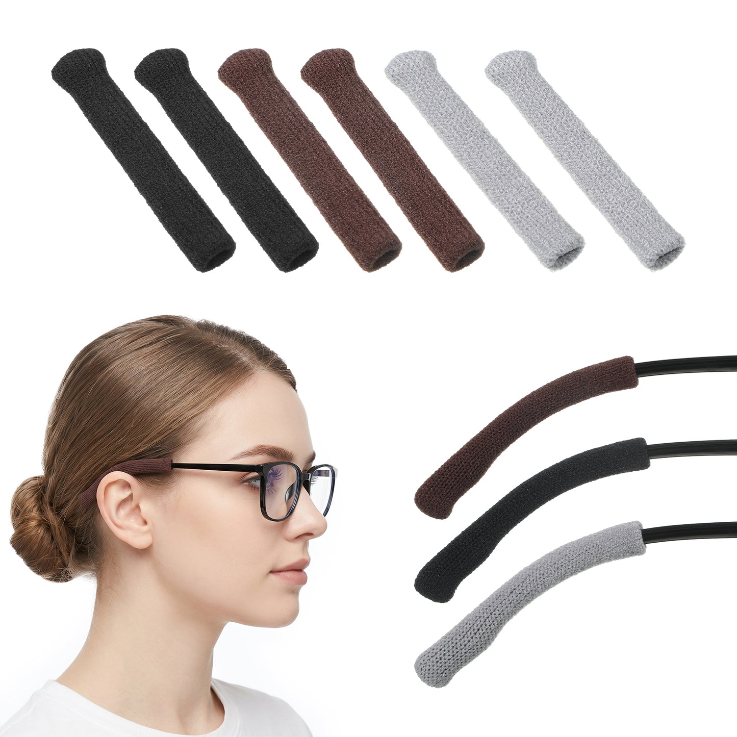 3 Pairs Glasses Ear Cushion, Soft Knitting Cotton Eyeglass Arm Cushions Non-Slip Glasses Ear Grippers Elastic Ear Pads for Glasses (Black Brown Gray)